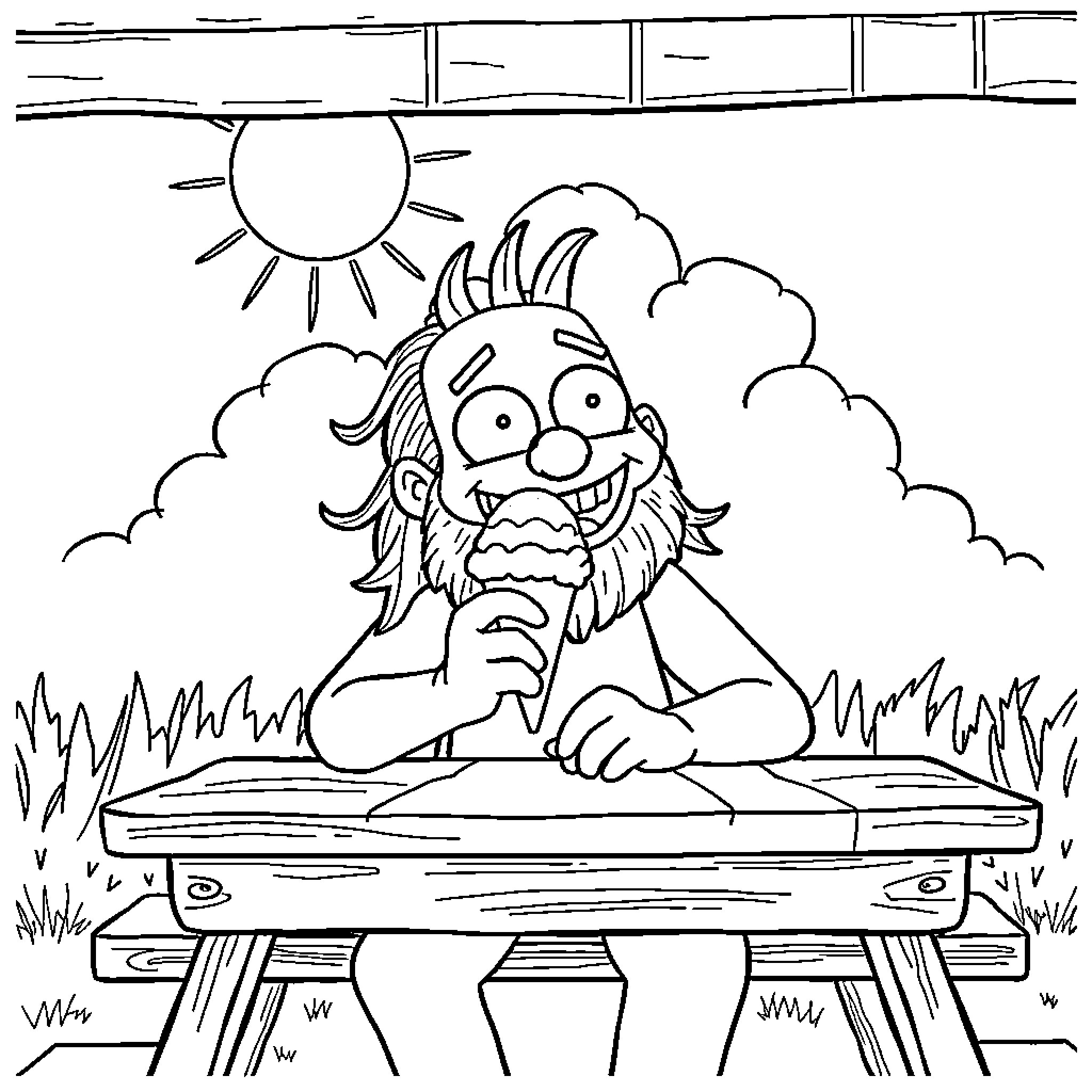 Maynard's Whimsical Outdoor Adventure Coloring Page (free black-and-white line drawing printable PDF for all, from beginners to advanced learners, including children, teens, adults, and seniors)