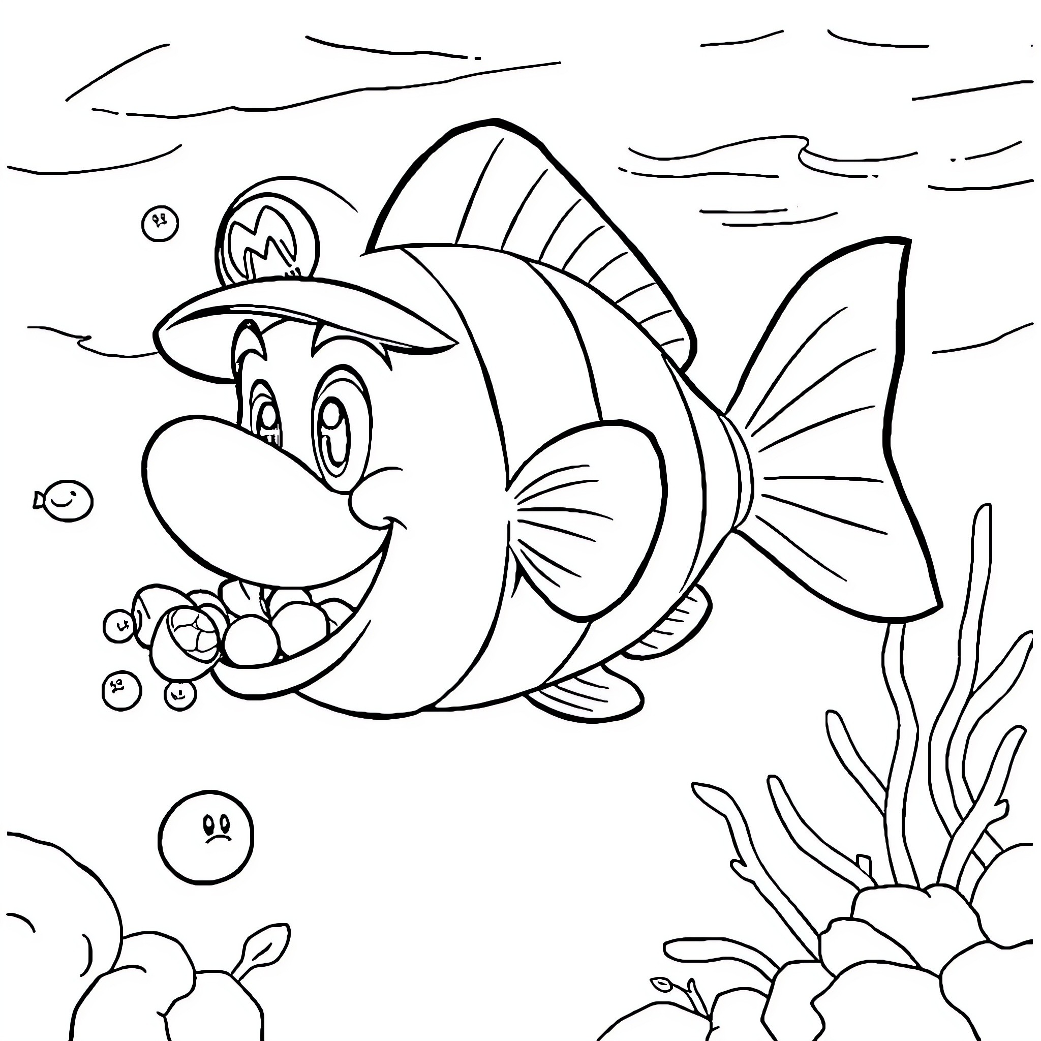 Mario Fish swimming happily in the ocean Coloring Page (free black-and-white line drawing printable PDF for all, from beginners to advanced learners, including children, teens, adults, and seniors)