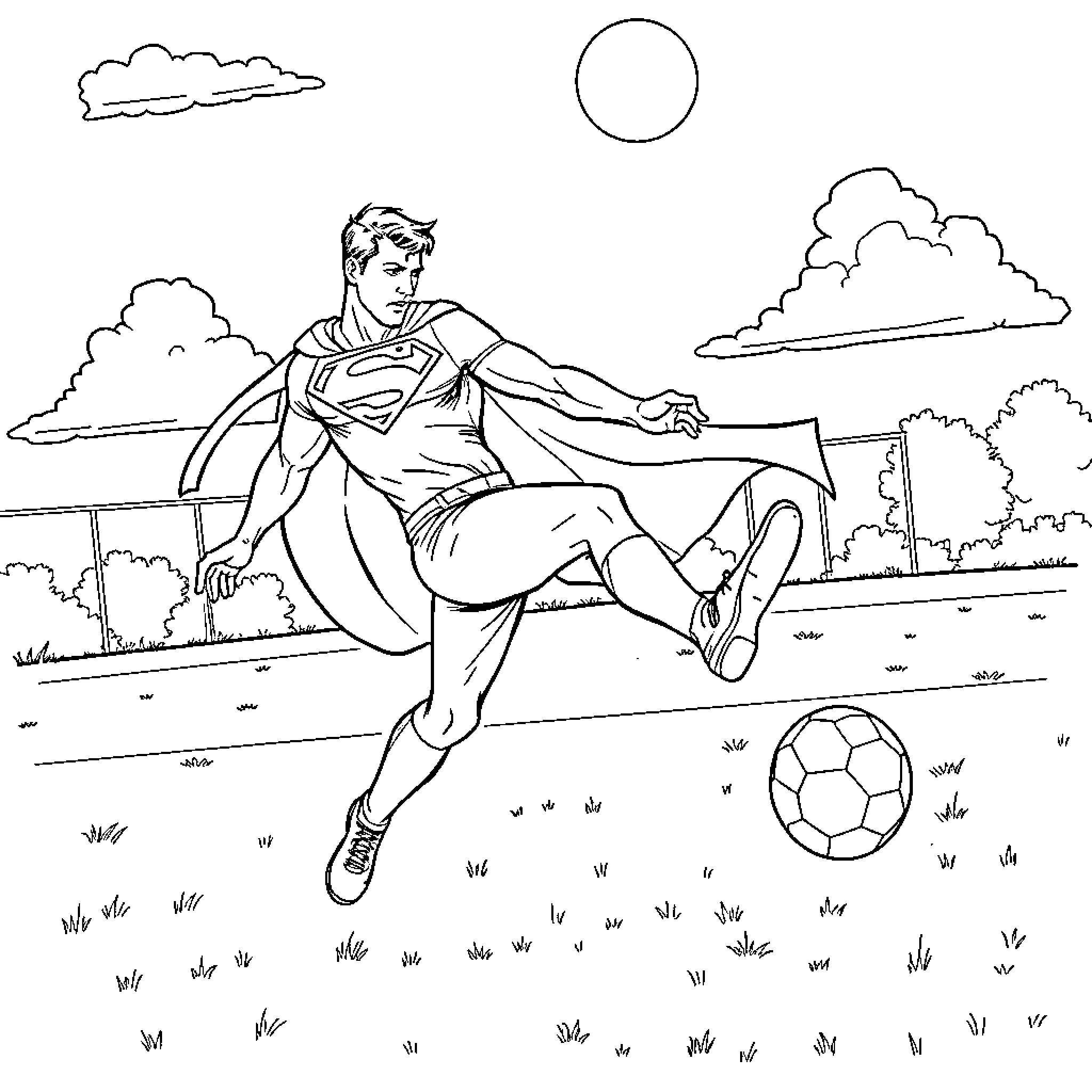 Superman playing football in a scenic outdoor setting Coloring Page (free black-and-white line drawing printable PDF for all, from beginners to advanced learners, including children, teens, adults, and seniors)