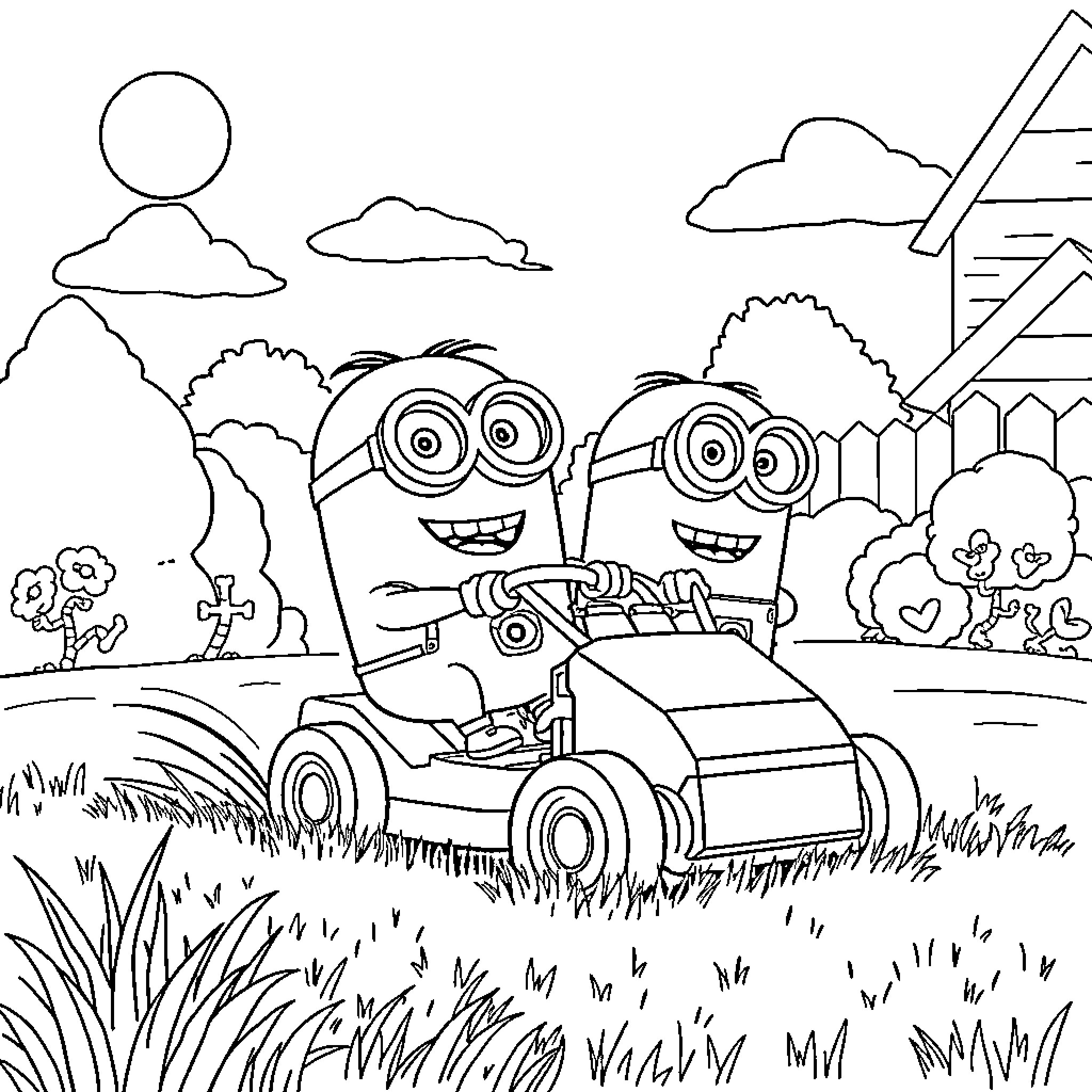 Minions driving a car through a nature landscape Coloring Page (free black-and-white line drawing printable PDF for all, from beginners to advanced learners, including children, teens, adults, and seniors)