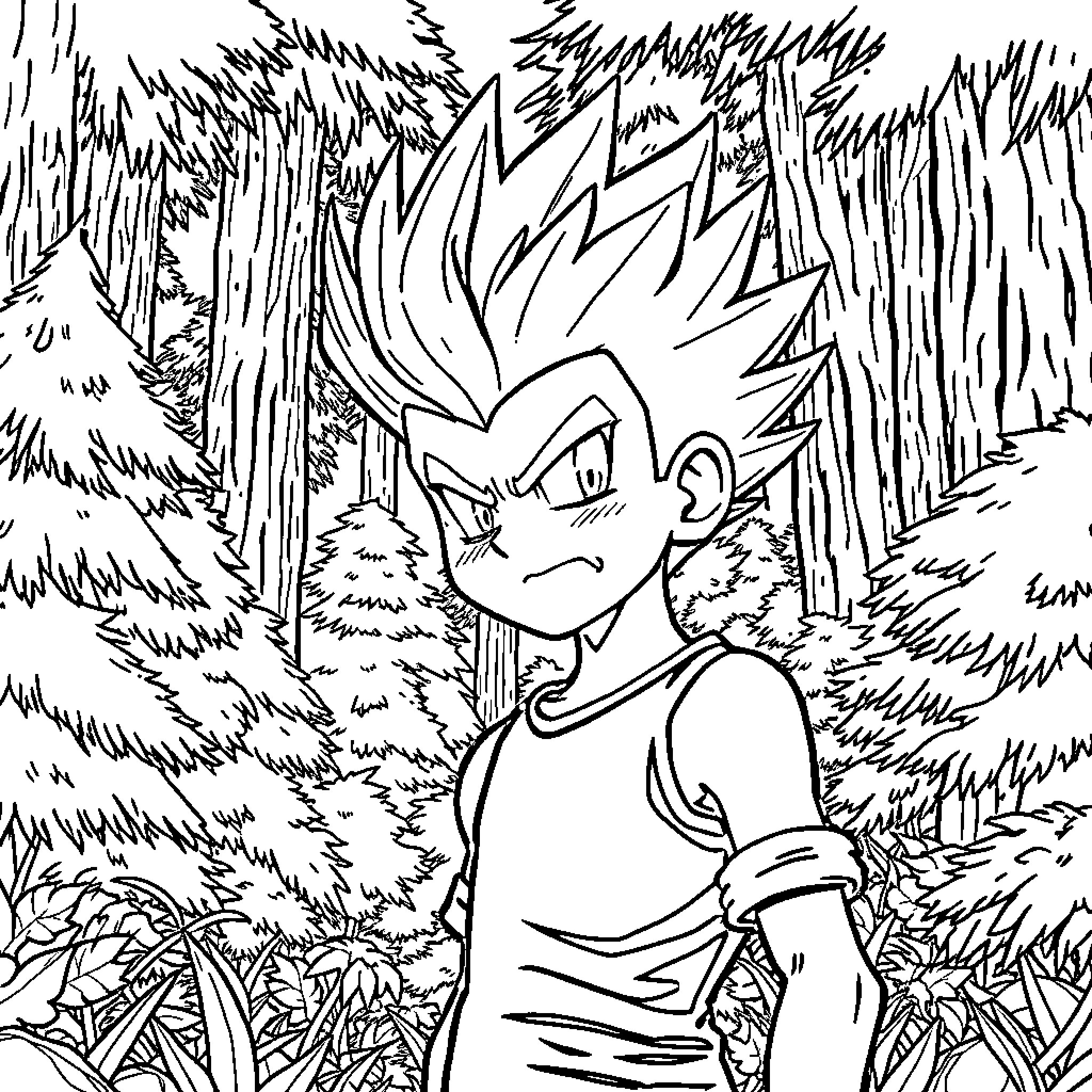 Gon in the Mysterious Forest Coloring Page (free black-and-white line drawing printable PDF for all, from beginners to advanced learners, including children, teens, adults, and seniors)
