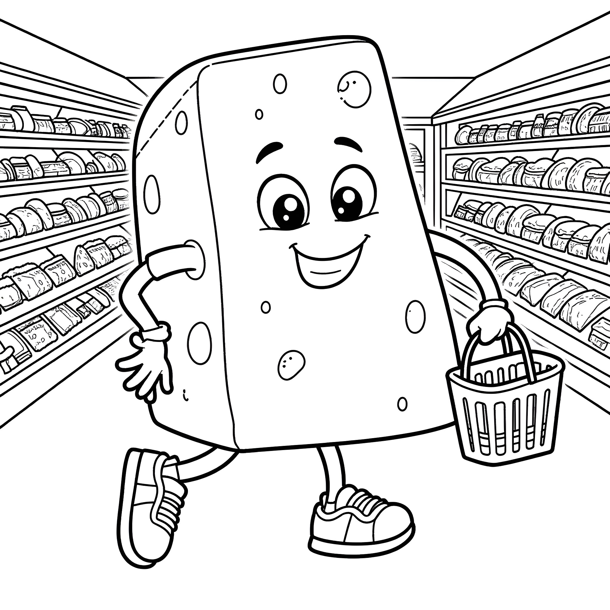 Cheese character shopping in the grocery store Coloring Page (free black-and-white line drawing printable PDF for all, from beginners to advanced learners, including children, teens, adults, and seniors)