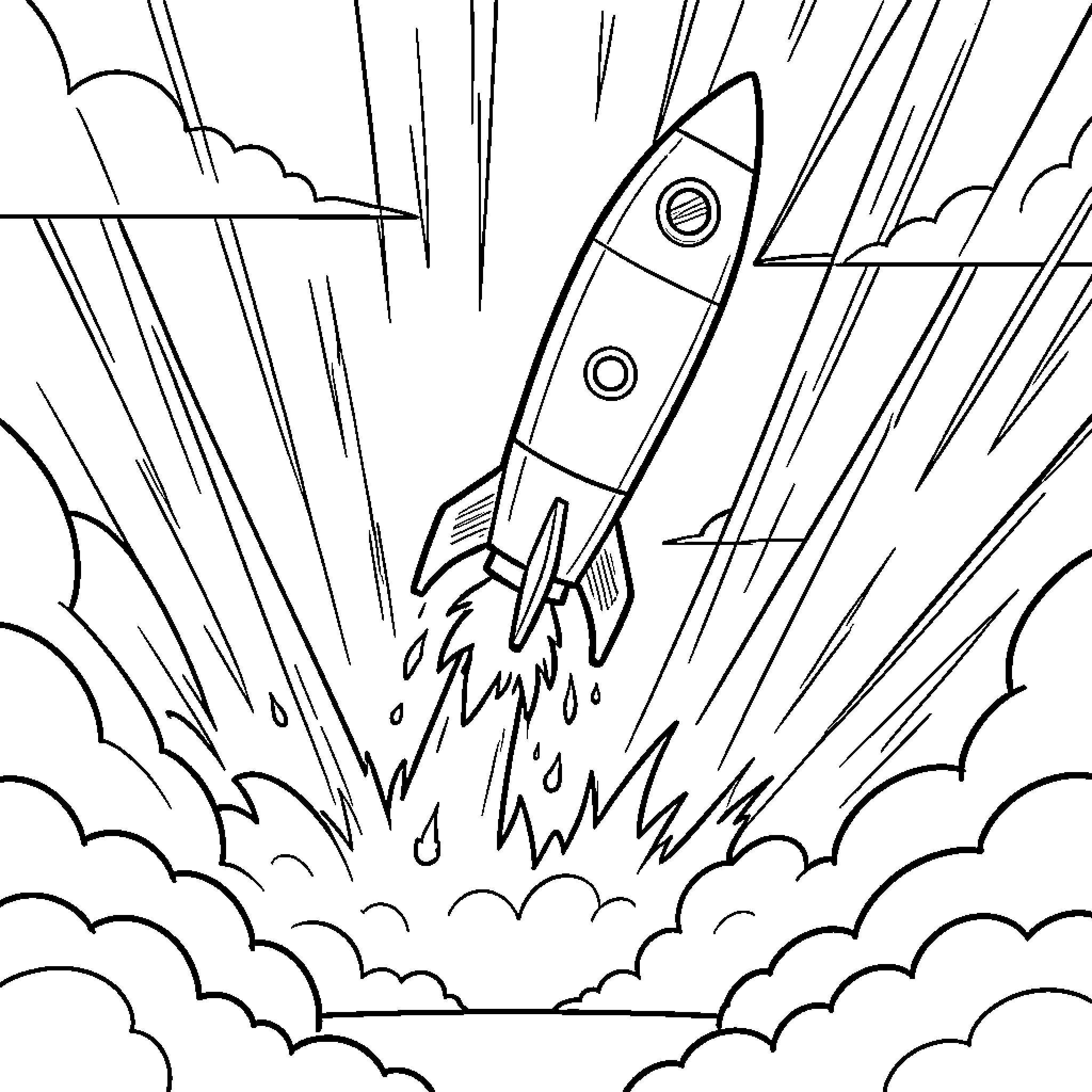 Cohete launching into the sky through clouds Coloring Page (free black-and-white line drawing printable PDF for all, from beginners to advanced learners, including children, teens, adults, and seniors)
