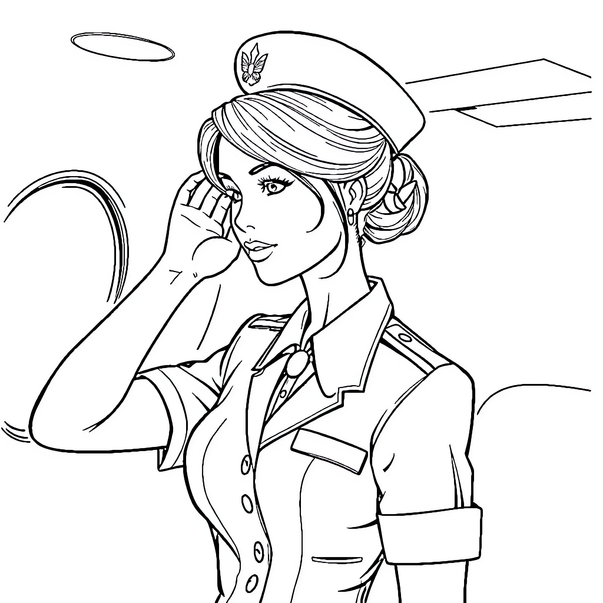 Flight Attendant in Uniform Talking on Headset Coloring Page (free black-and-white line drawing printable PDF for all, from beginners to advanced learners, including children, teens, adults, and seniors)