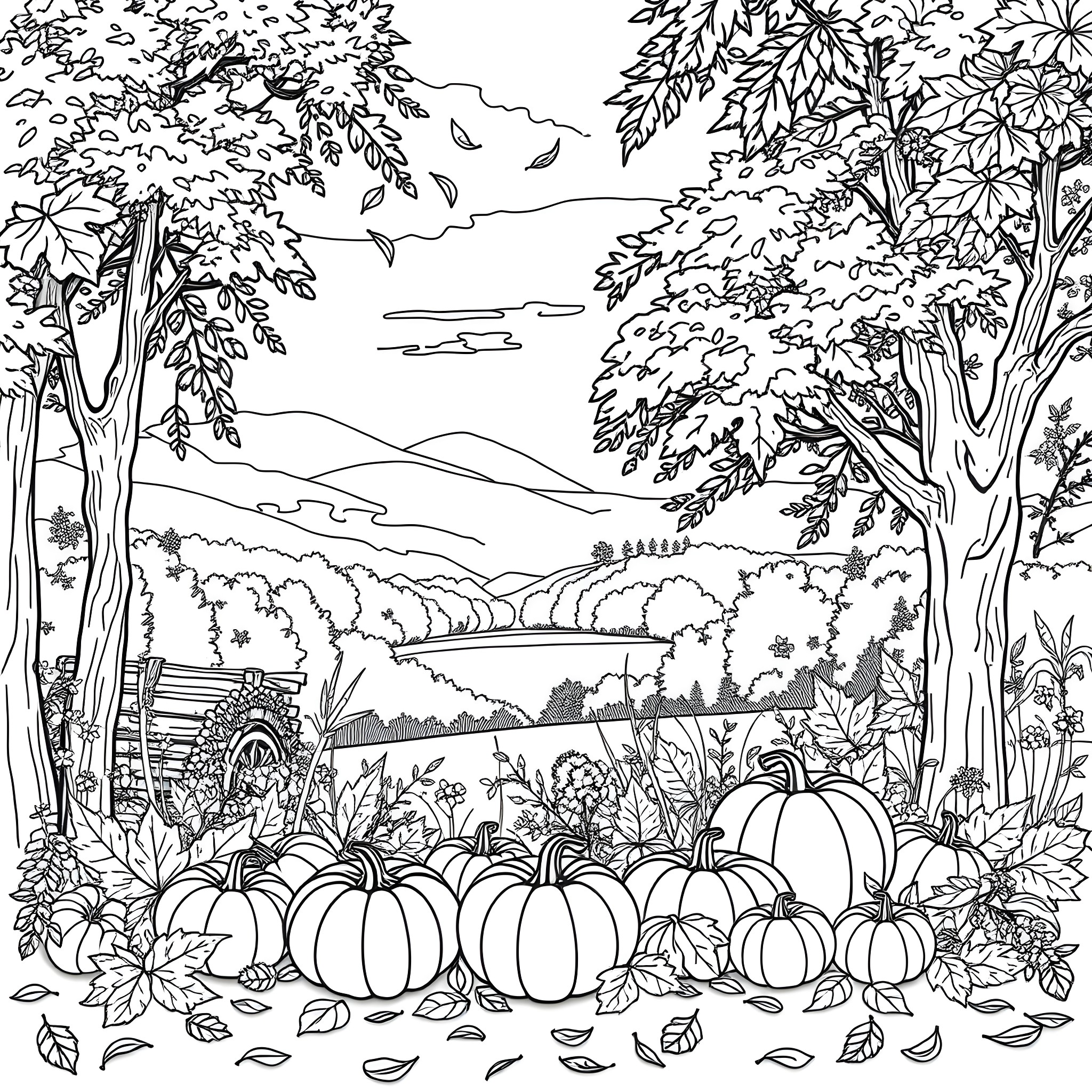 Harvest Time in the Countryside Coloring Page (free black-and-white line drawing printable PDF for all, from beginners to advanced learners, including children, teens, adults, and seniors)