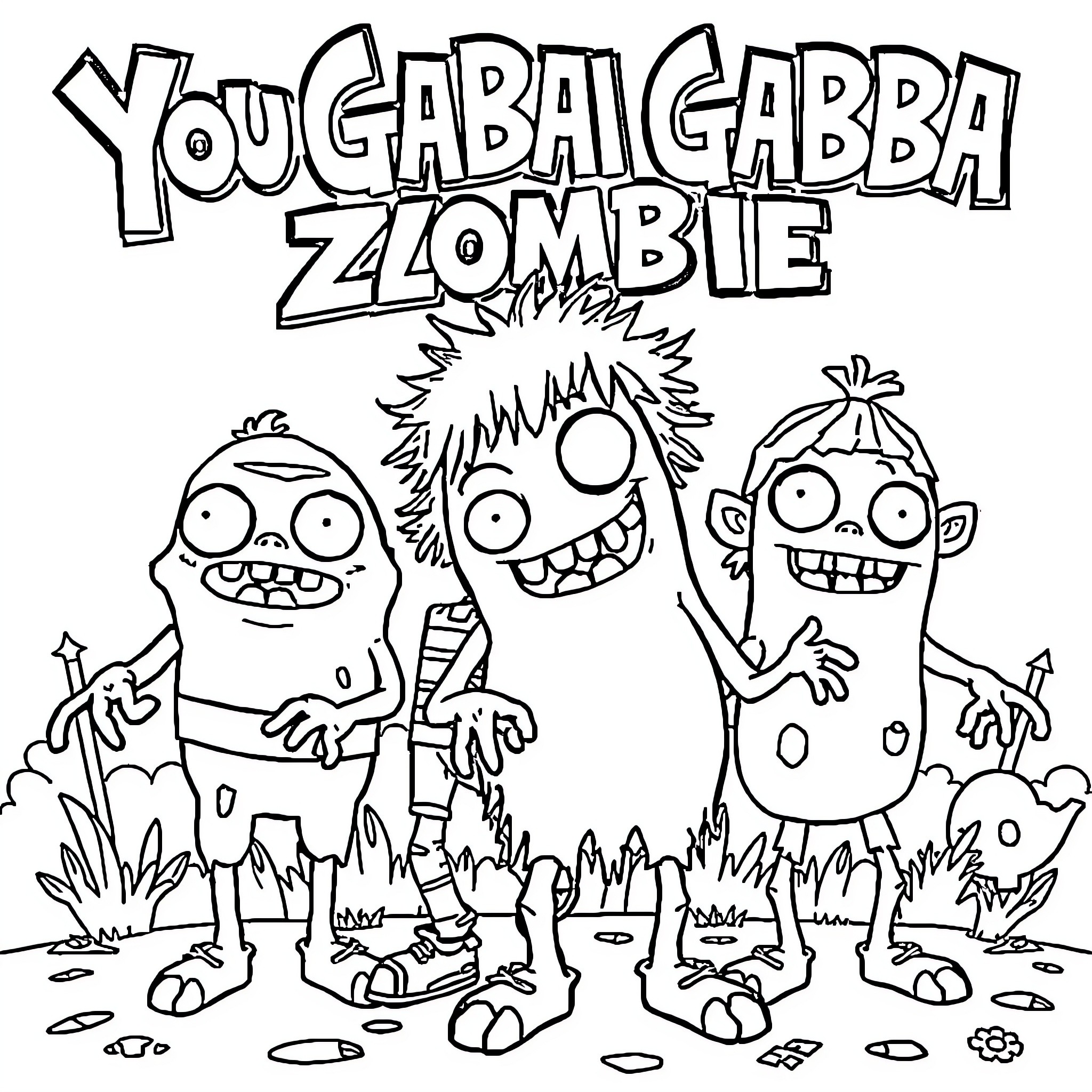 Zombie Trio with Goofy Expressions and Outfits Coloring Page (free black-and-white line drawing printable PDF for all, from beginners to advanced learners, including children, teens, adults, and seniors)