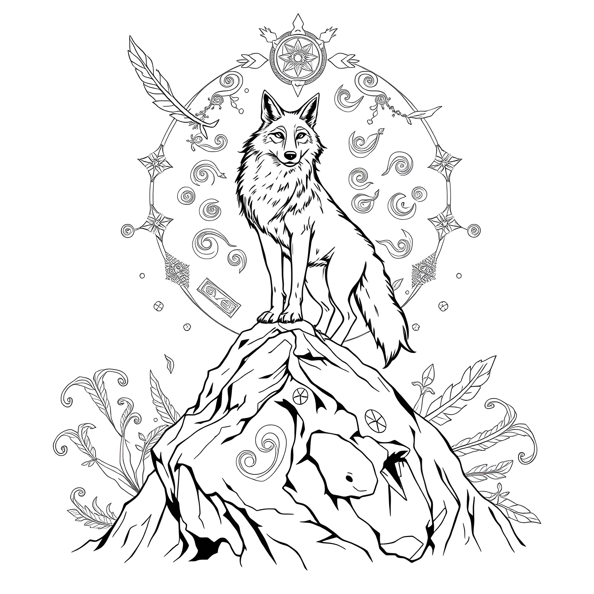 Coyote Amid Mystical Symbols and Mountainous Landscape Coloring Page (free black-and-white line drawing printable PDF for all, from beginners to advanced learners, including children, teens, adults, and seniors)