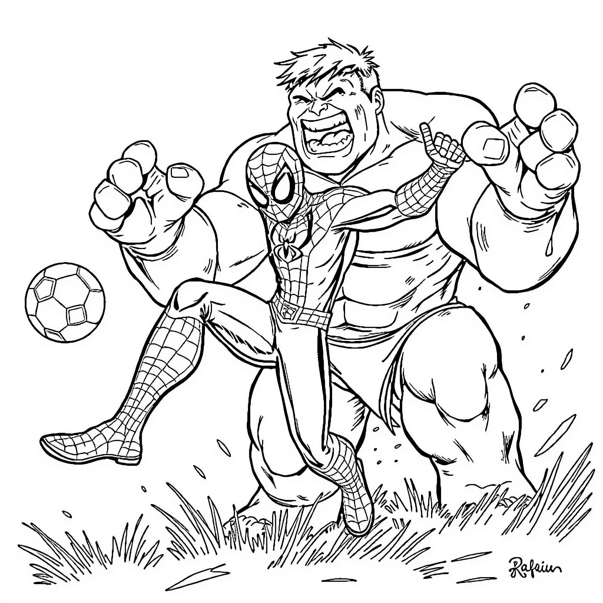Spiderman and Hulk in action-packed showdown Coloring Page (free black-and-white line drawing printable PDF for all, from beginners to advanced learners, including children, teens, adults, and seniors)