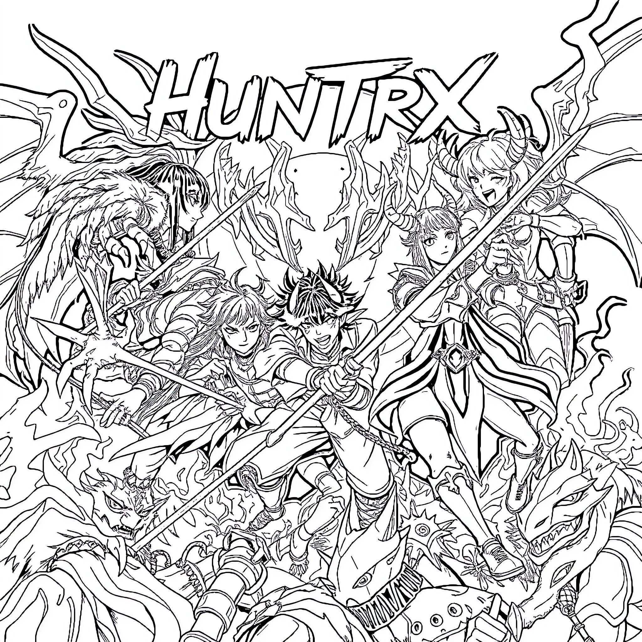 Huntrx: Heroic Fantasy Battle Illustration Coloring Page (free black-and-white line drawing printable PDF for all, from beginners to advanced learners, including children, teens, adults, and seniors)