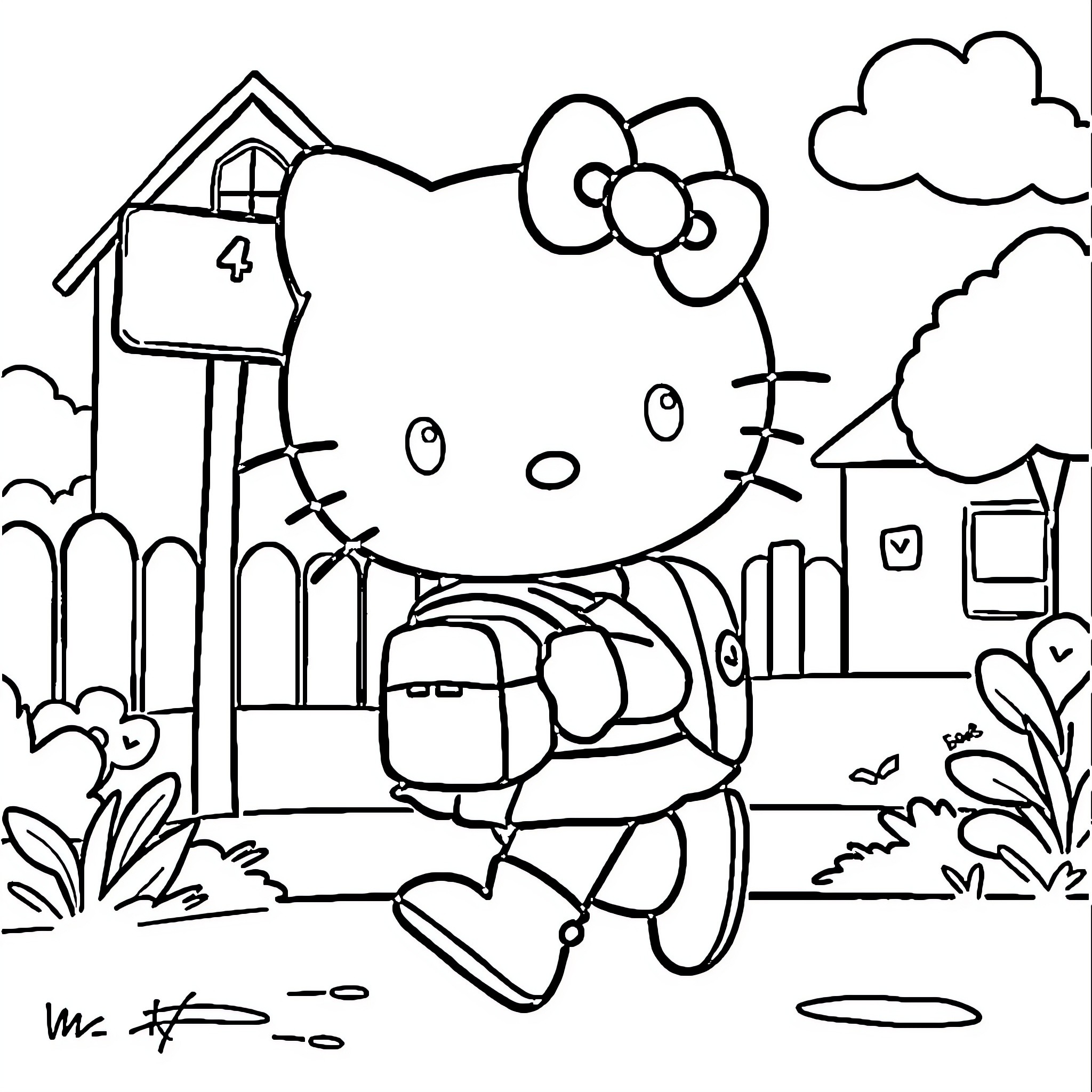 Hello Kitty enjoying a day in the countryside Coloring Page (free black-and-white line drawing printable PDF for all, from beginners to advanced learners, including children, teens, adults, and seniors)