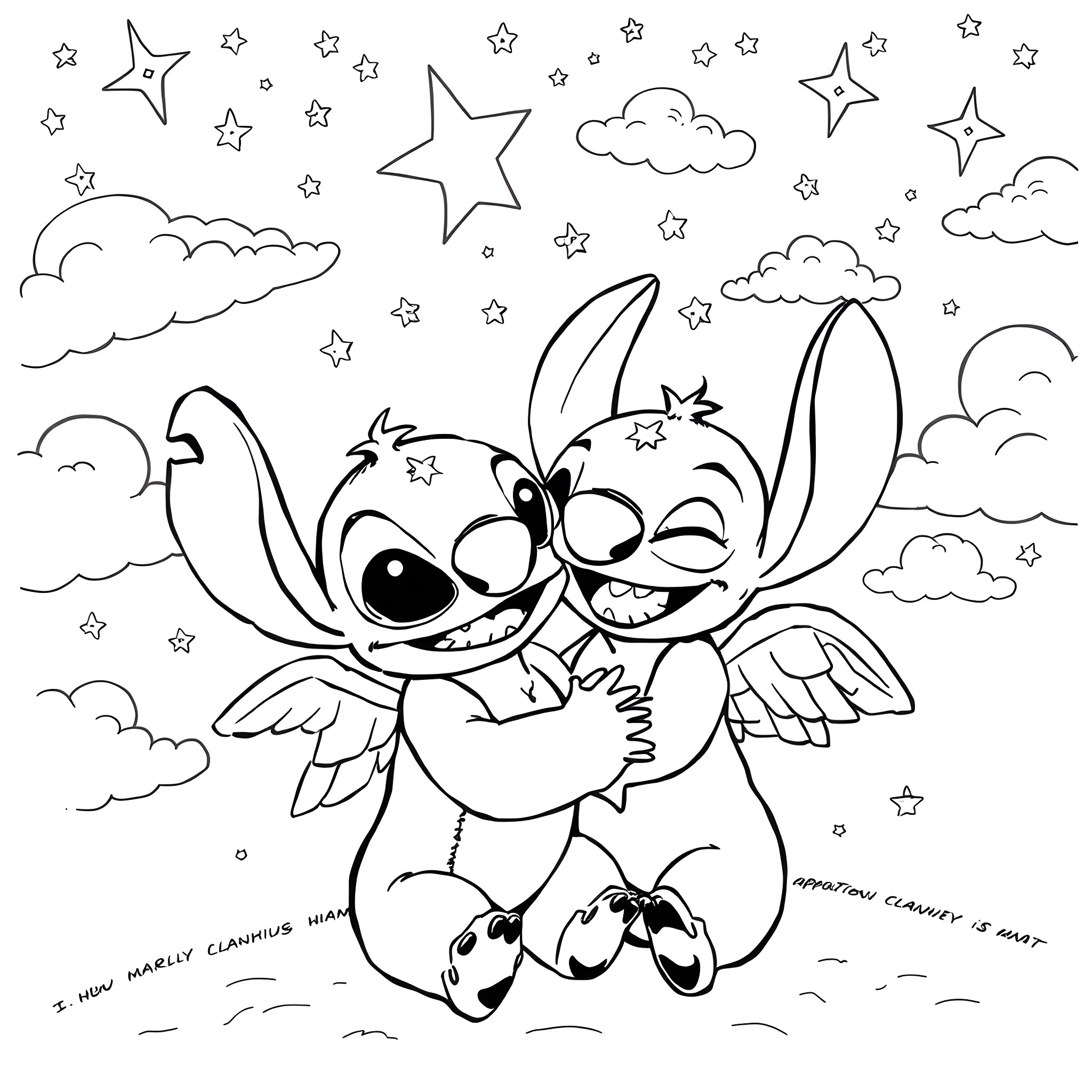 Stitch hugging Angel under the starry night sky Coloring Page (free black-and-white line drawing printable PDF for all, from beginners to advanced learners, including children, teens, adults, and seniors)