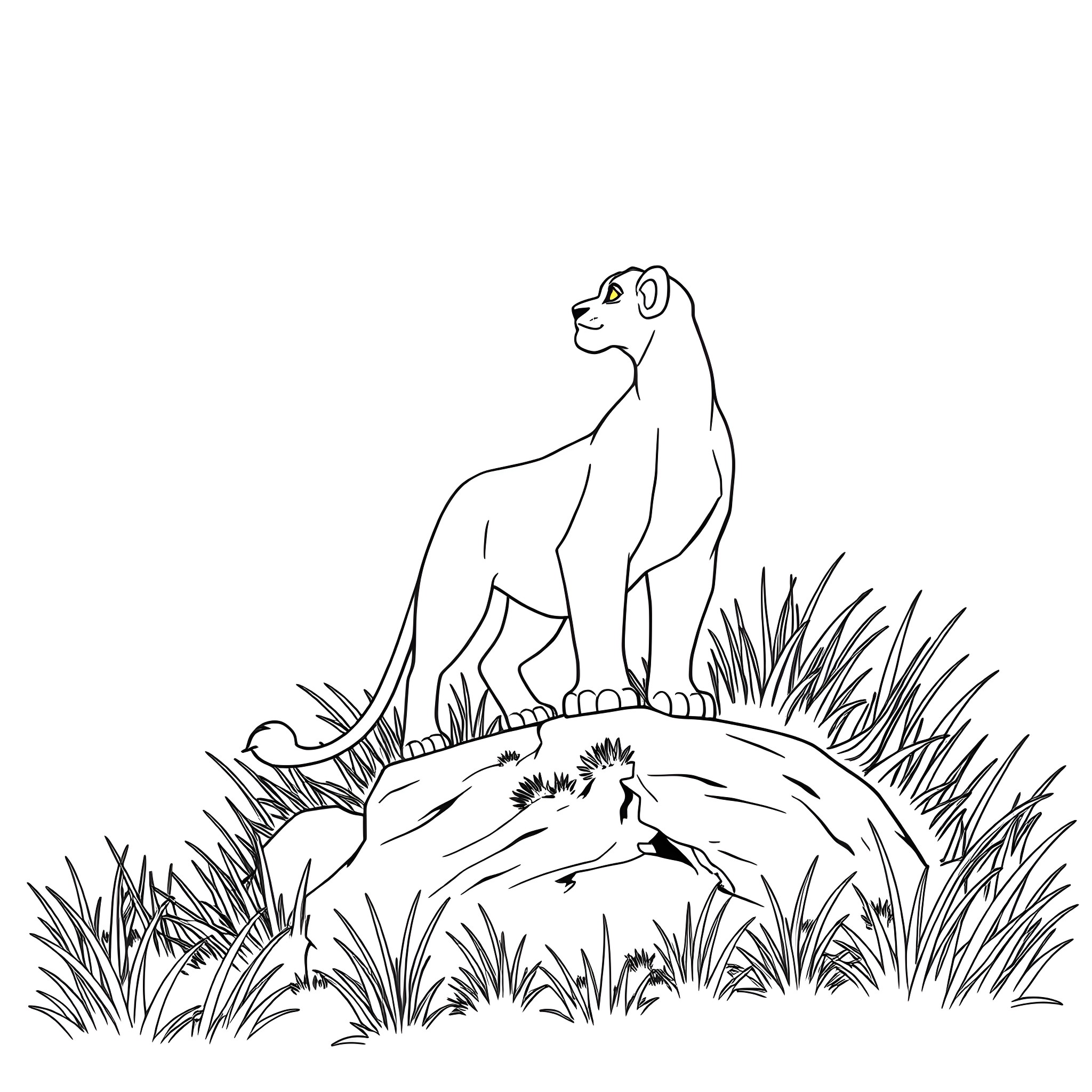 Nala standing proudly on a rock in the wild Coloring Page (free black-and-white line drawing printable PDF for all, from beginners to advanced learners, including children, teens, adults, and seniors)