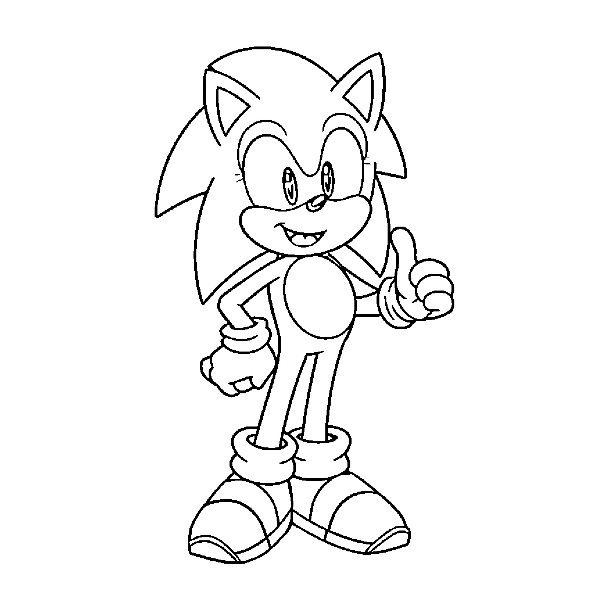 Sonic the Hedgehog grinning with enthusiasm Coloring Page (free black-and-white line drawing printable PDF for all, from beginners to advanced learners, including children, teens, adults, and seniors)