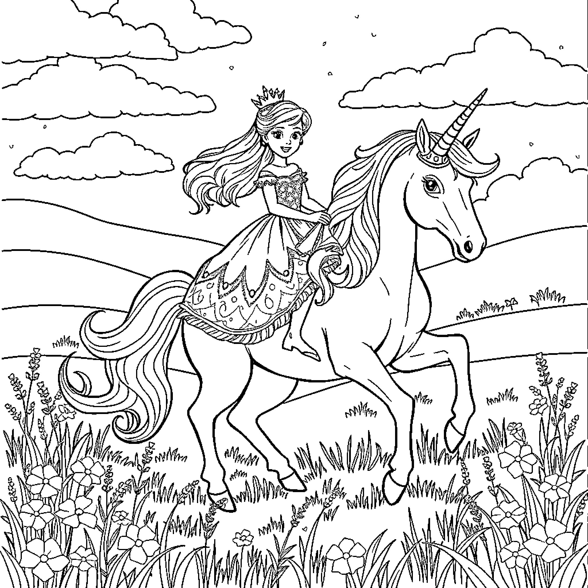 Princess Riding a Unicorn Through a Magical Field Coloring Page (free black-and-white line drawing printable PDF for all, from beginners to advanced learners, including children, teens, adults, and seniors)