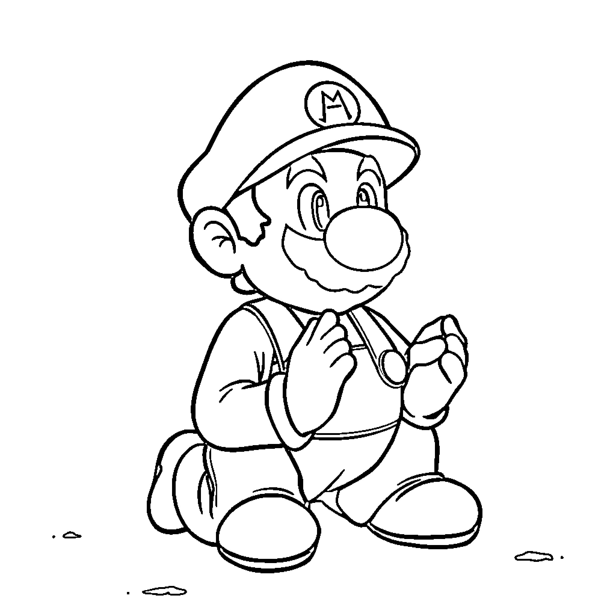Super Mario cheerful plumber character Coloring Page (free black-and-white line drawing printable PDF for all, from beginners to advanced learners, including children, teens, adults, and seniors)