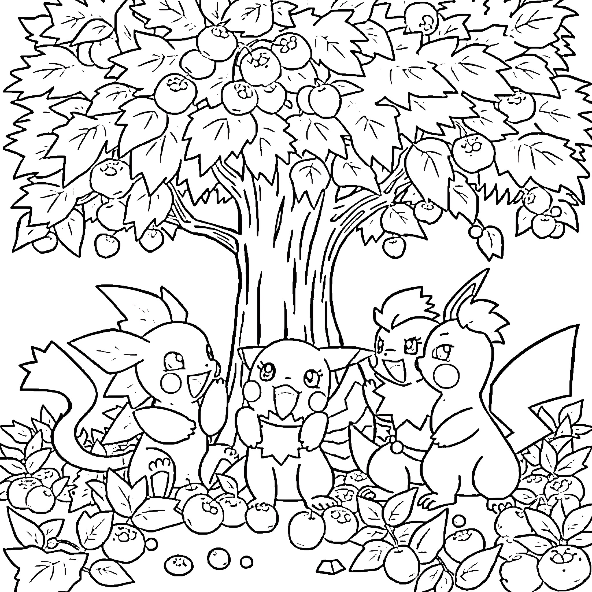 Pokémon enjoying a nature scene with fruit tree Coloring Page (free black-and-white line drawing printable PDF for all, from beginners to advanced learners, including children, teens, adults, and seniors)