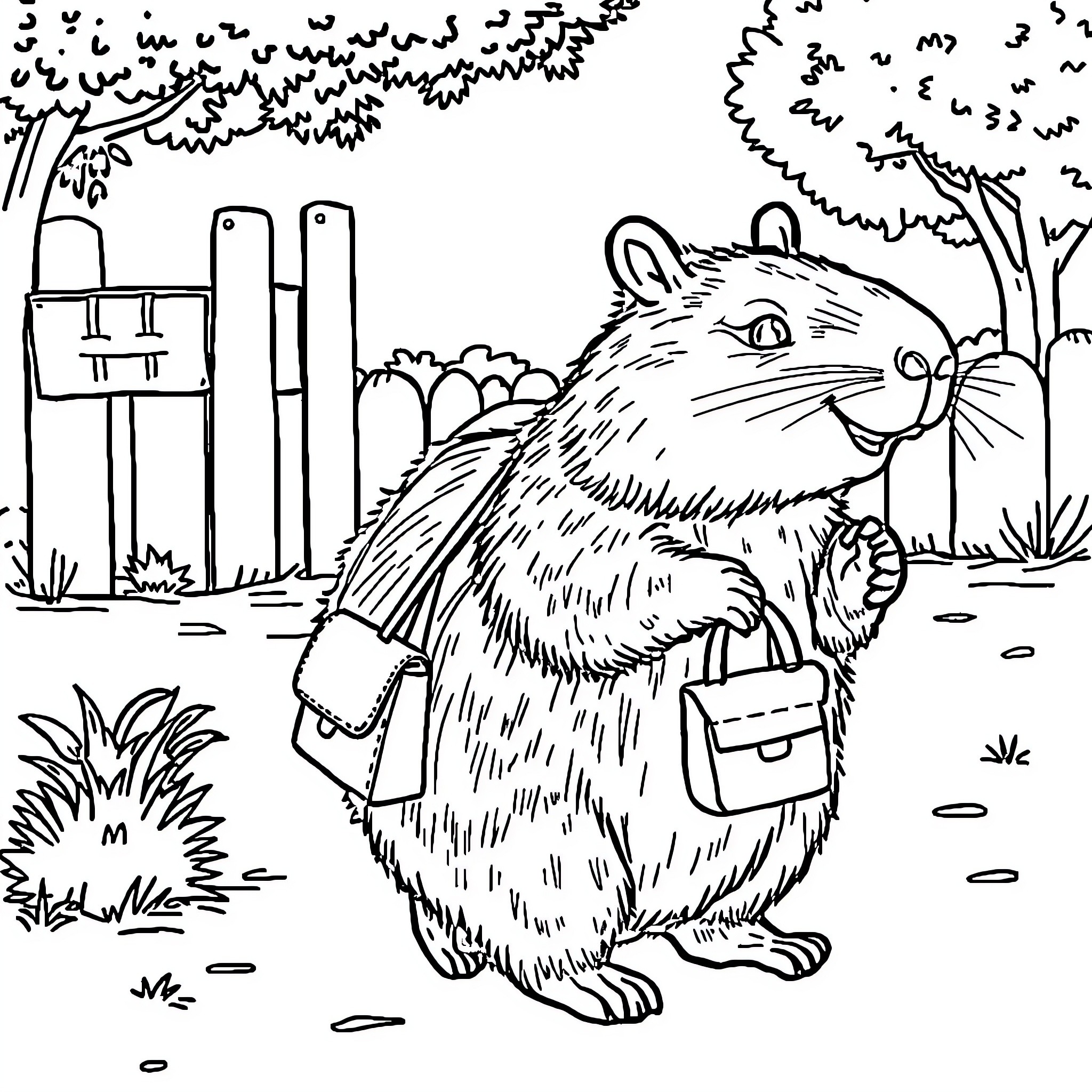 Capybara carrying a briefcase in a park Coloring Page (free black-and-white line drawing printable PDF for all, from beginners to advanced learners, including children, teens, adults, and seniors)