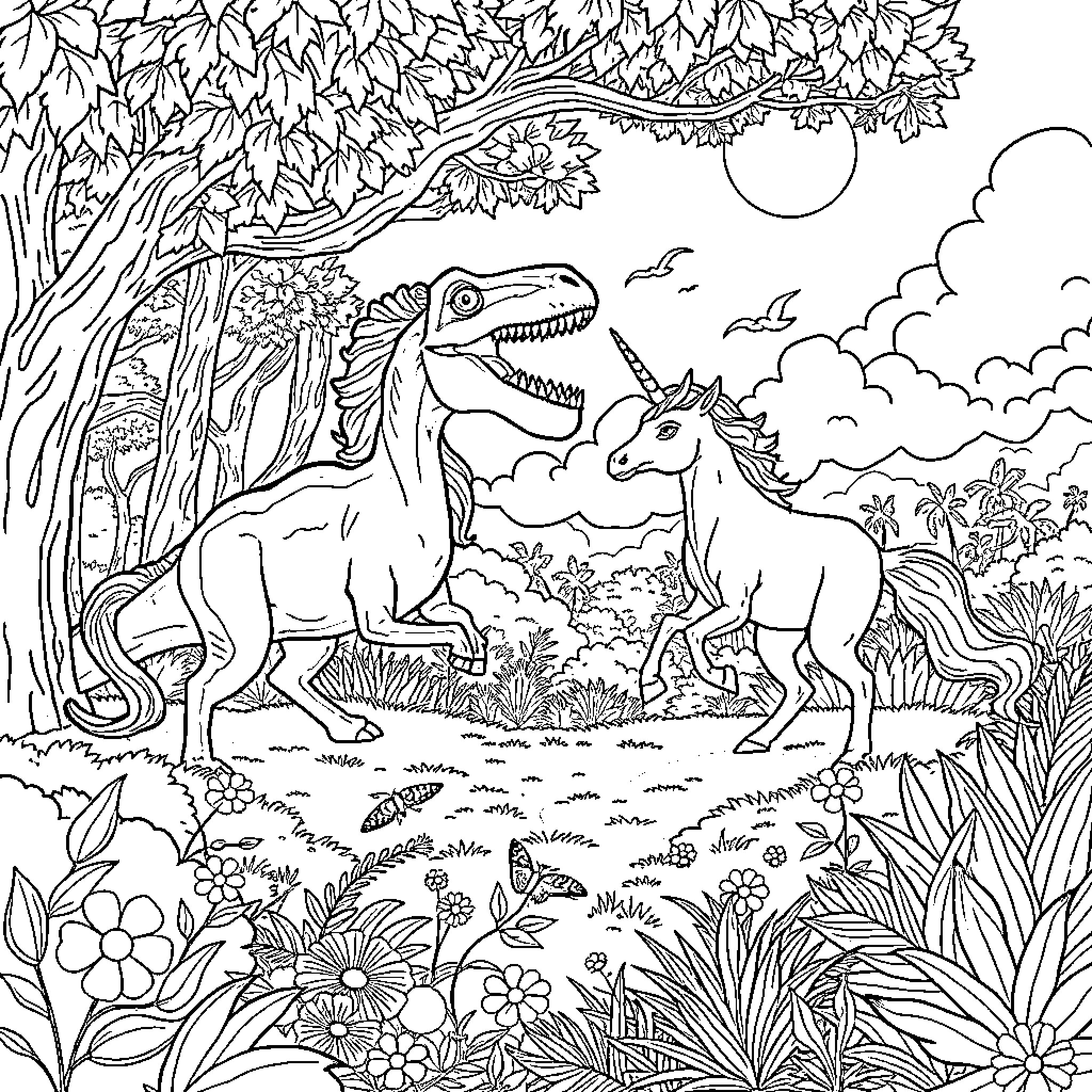 Unicorn and Dinosaur in Magical Forest Coloring Page (free black-and-white line drawing printable PDF for all, from beginners to advanced learners, including children, teens, adults, and seniors)
