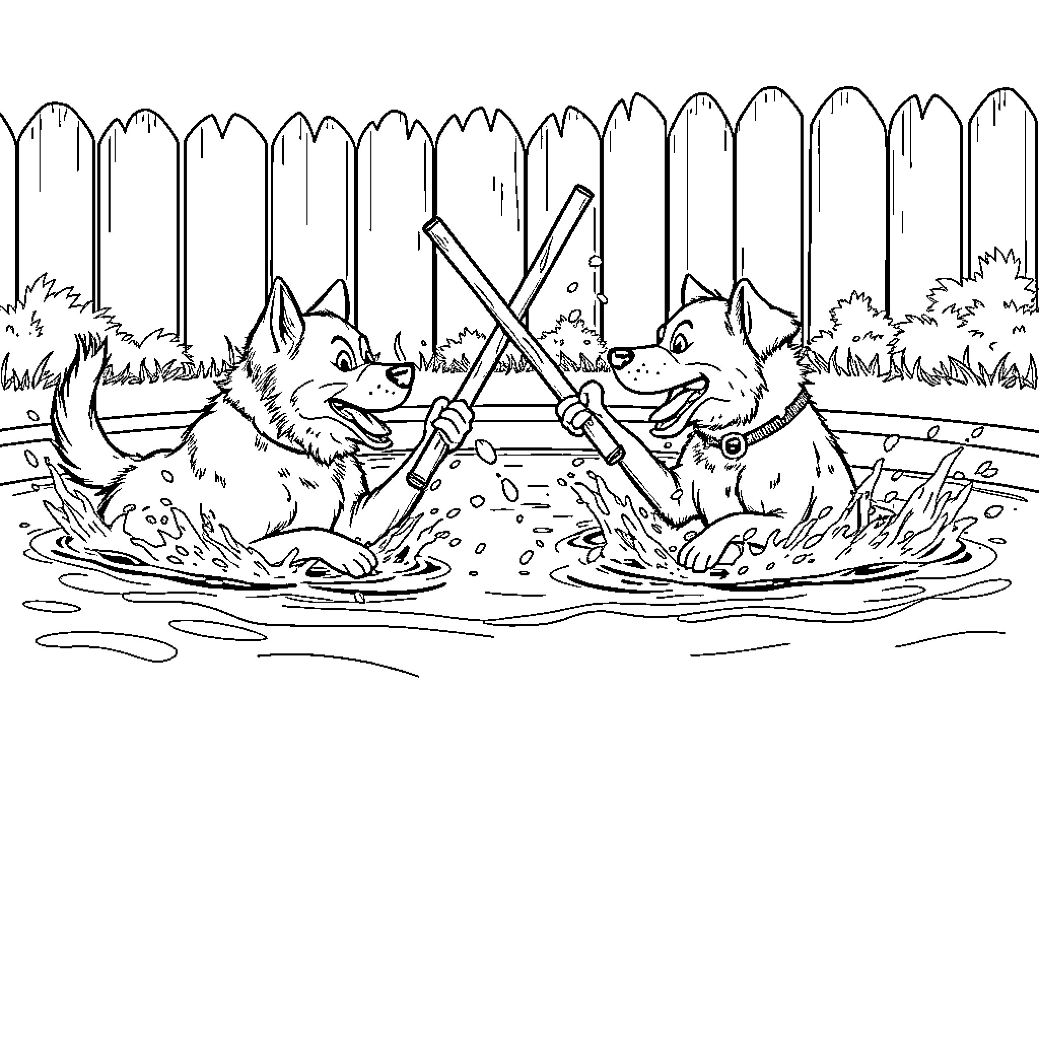 Dog Playing Fetch in a Yard with Fence Coloring Page (free black-and-white line drawing printable PDF for all, from beginners to advanced learners, including children, teens, adults, and seniors)
