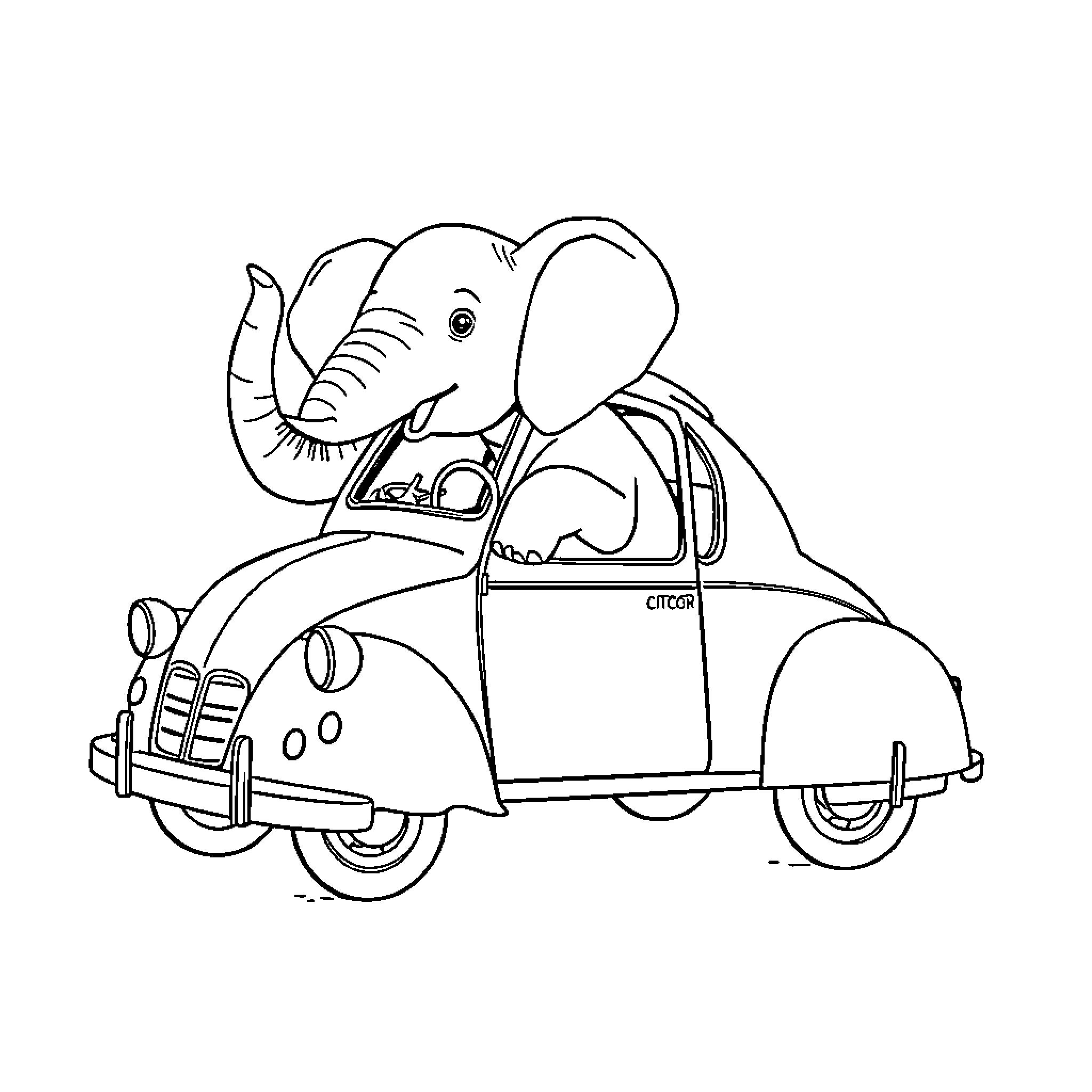 Elephant driving a vintage car Coloring Page (free black-and-white line drawing printable PDF for all, from beginners to advanced learners, including children, teens, adults, and seniors)