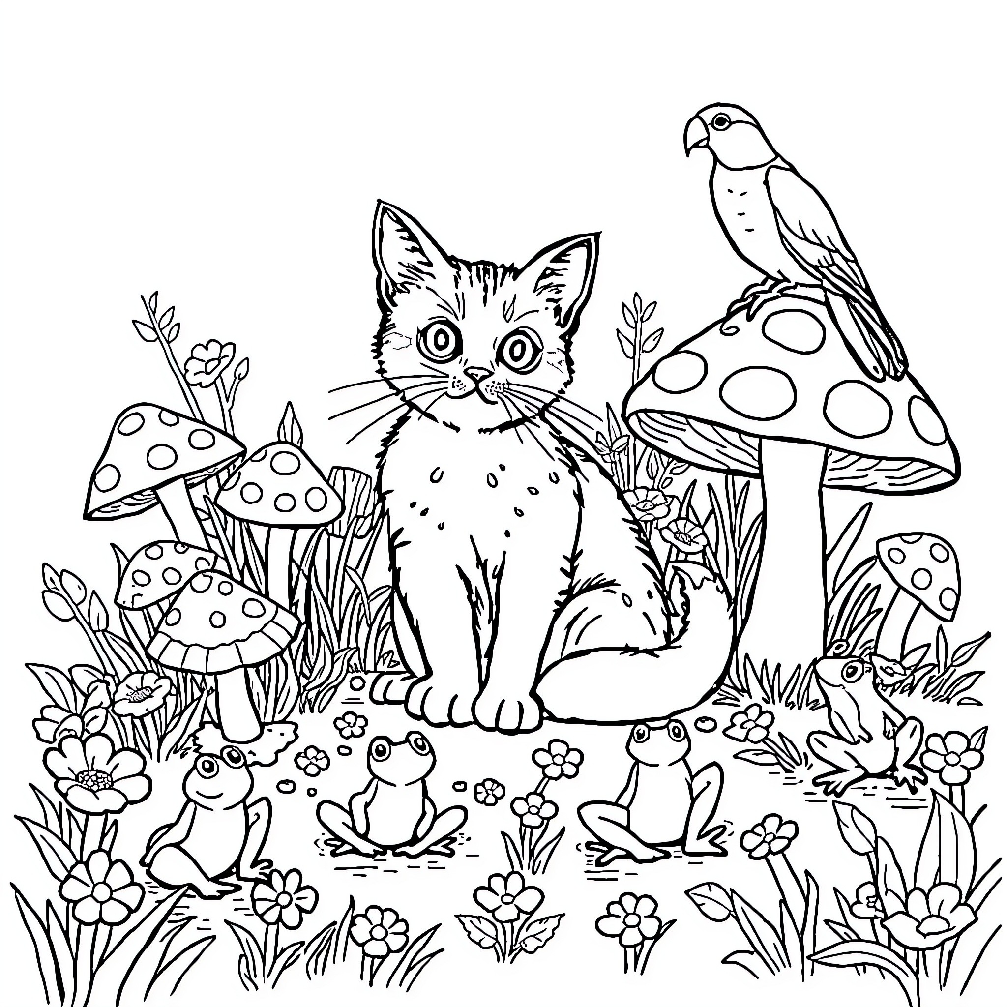 Cat exploring whimsical forest with bird and mushrooms Coloring Page (free black-and-white line drawing printable PDF for all, from beginners to advanced learners, including children, teens, adults, and seniors)