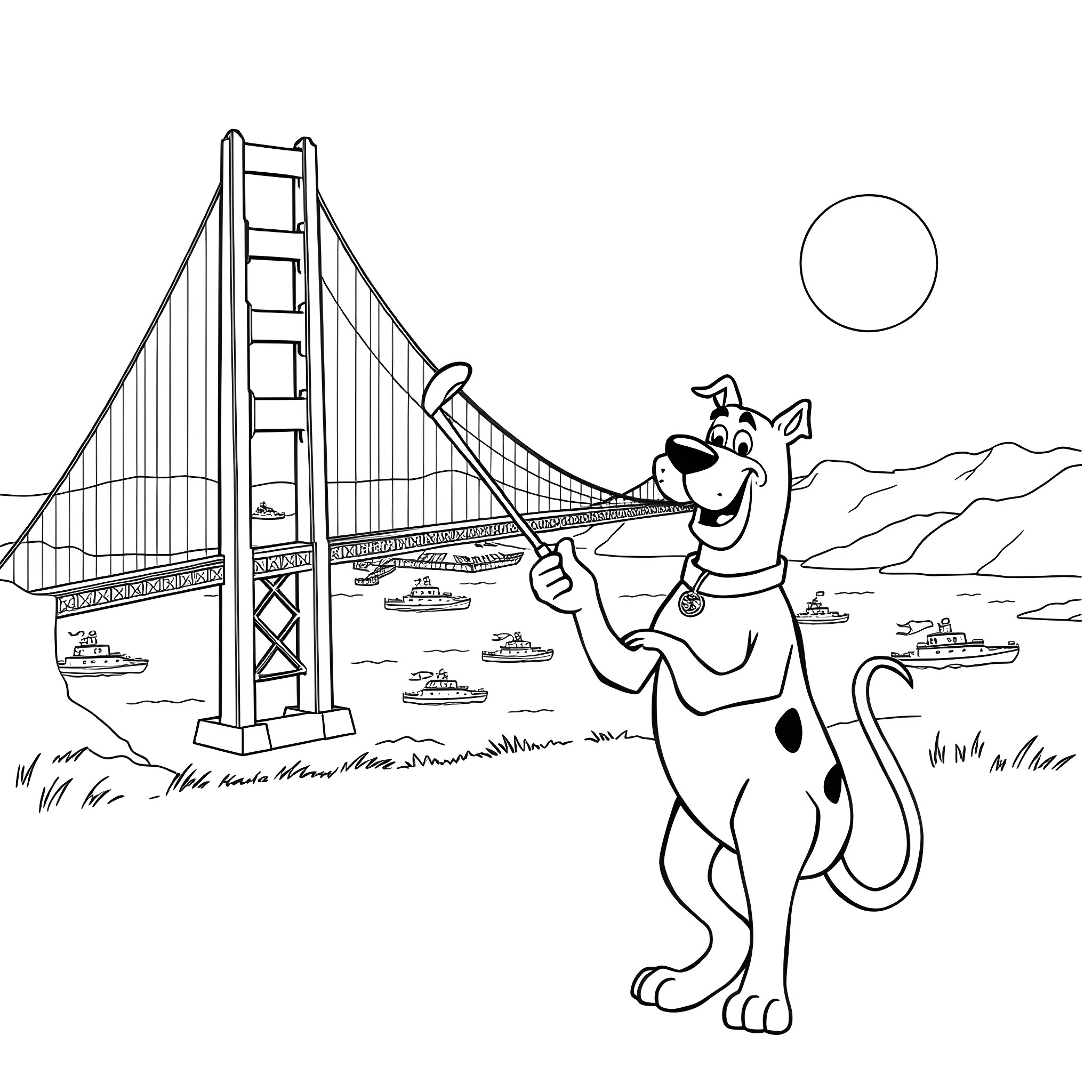 Scooby Doo exploring the Golden Gate Bridge Coloring Page (free black-and-white line drawing printable PDF for all, from beginners to advanced learners, including children, teens, adults, and seniors)