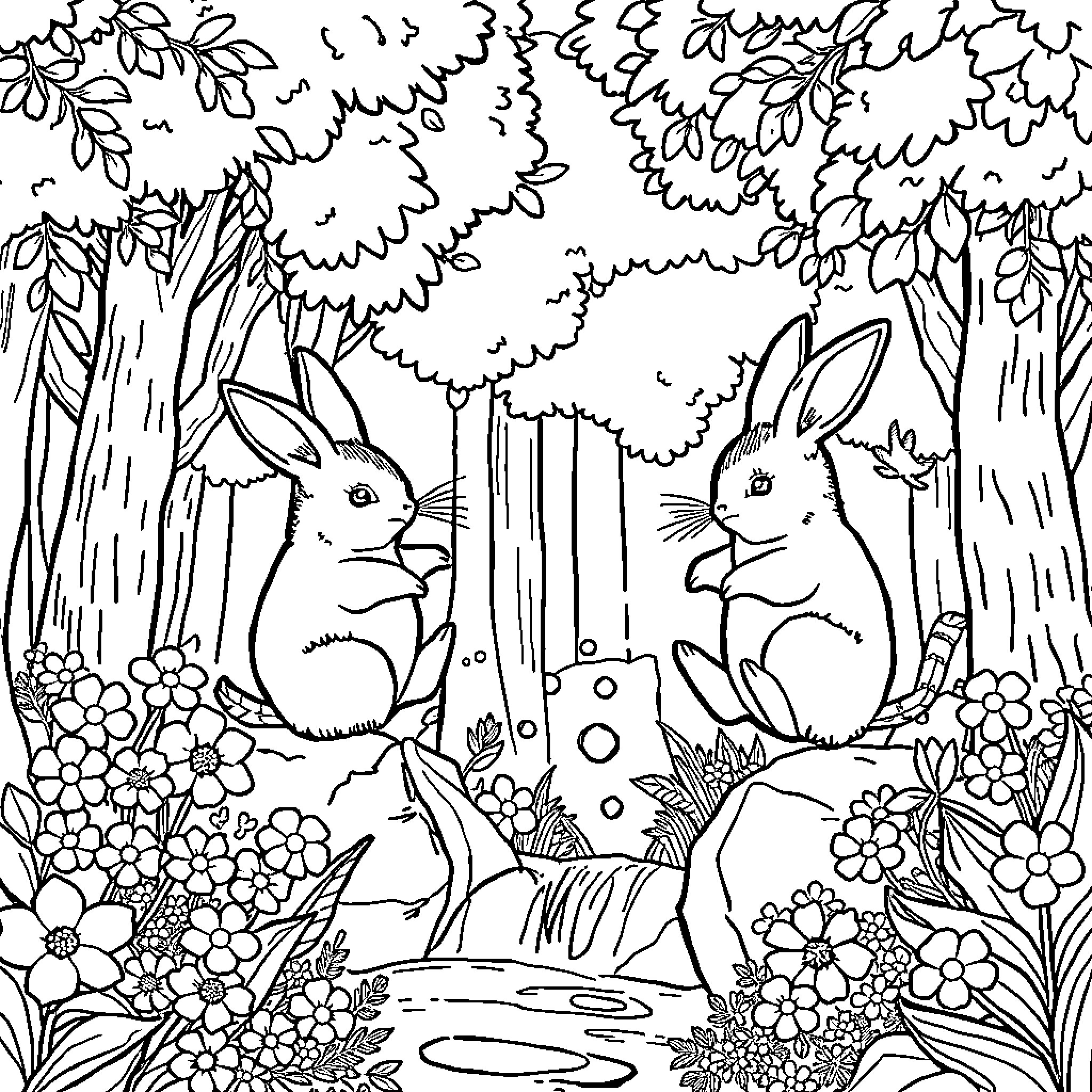 Conejo rabbits exploring the enchanting forest Coloring Page (free black-and-white line drawing printable PDF for all, from beginners to advanced learners, including children, teens, adults, and seniors)