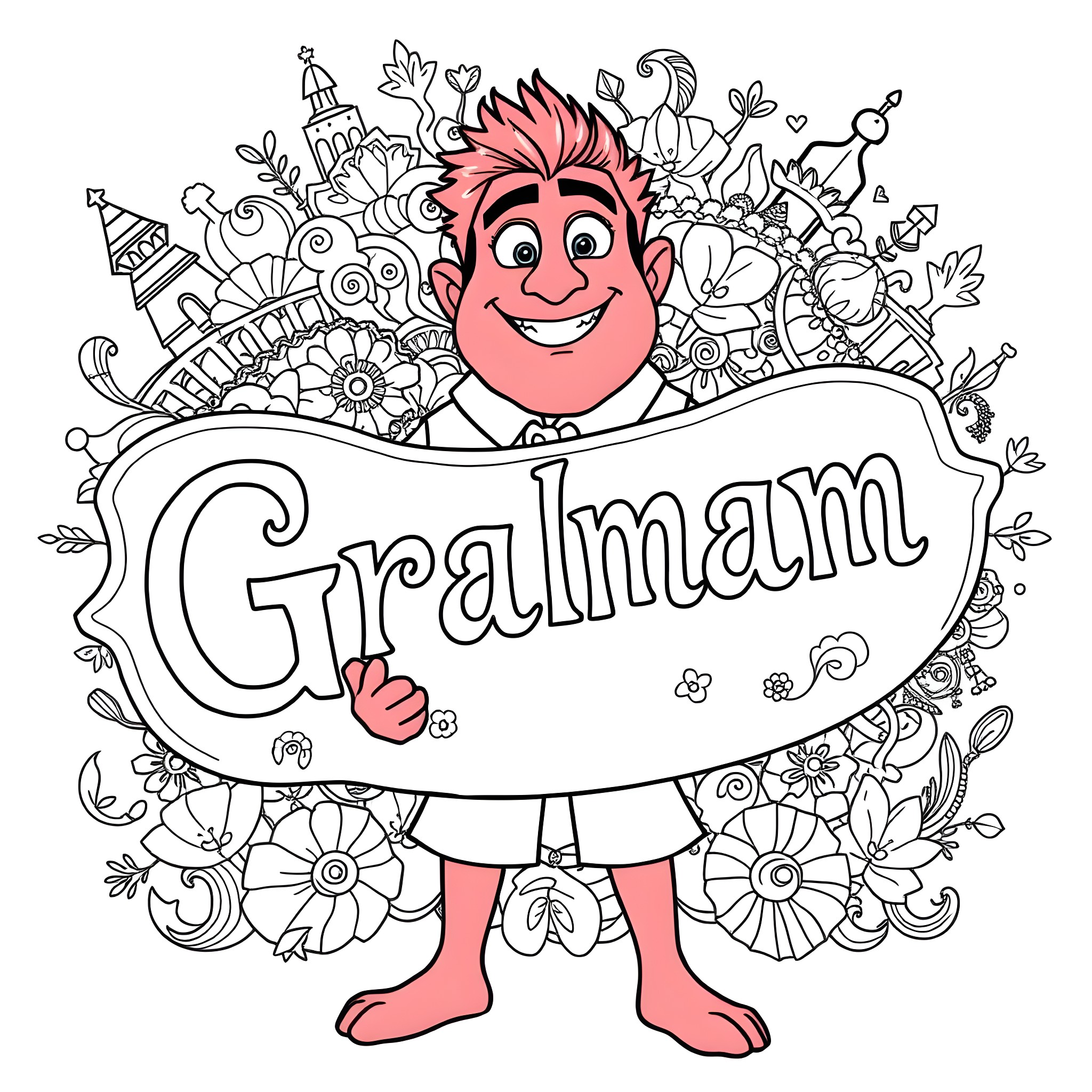 Red-Faced Man Surrounded by Whimsical Floral Designs Coloring Page (free black-and-white line drawing printable PDF for all, from beginners to advanced learners, including children, teens, adults, and seniors)
