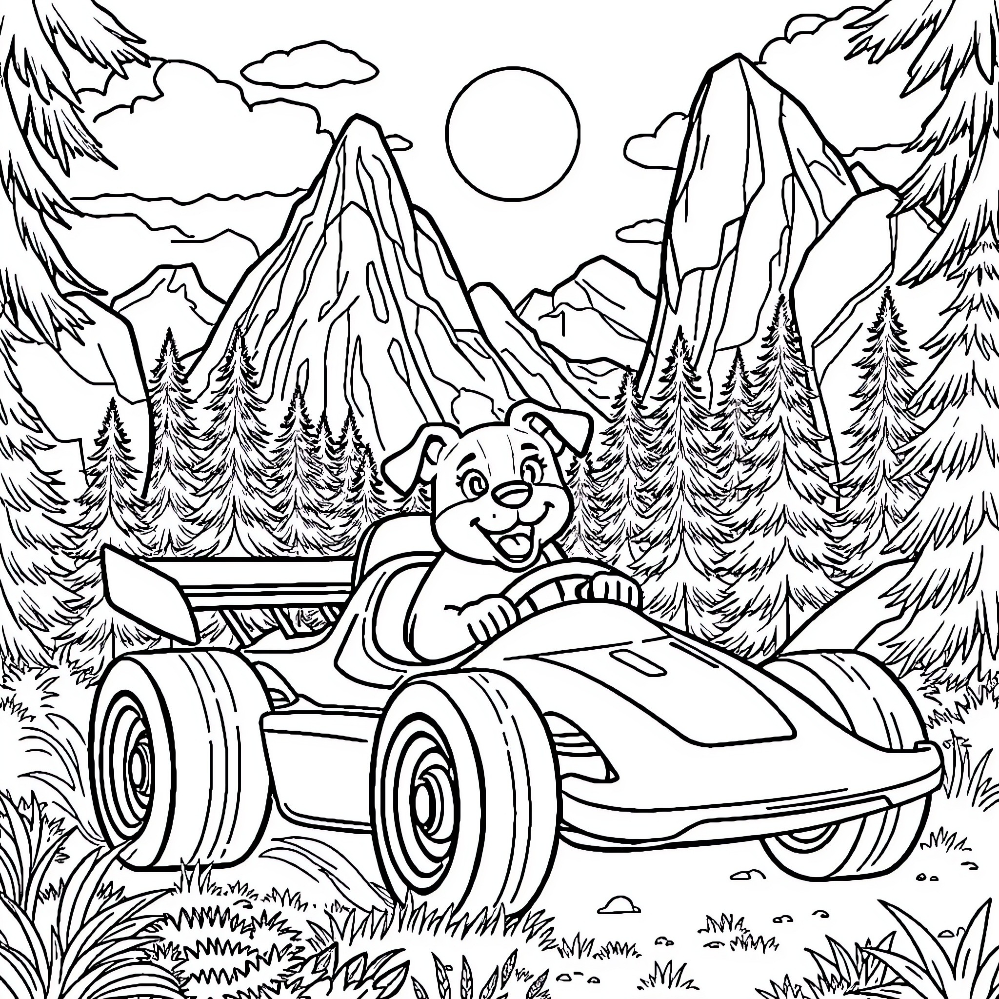 Dog driving car through mountain landscape Coloring Page (free black-and-white line drawing printable PDF for all, from beginners to advanced learners, including children, teens, adults, and seniors)