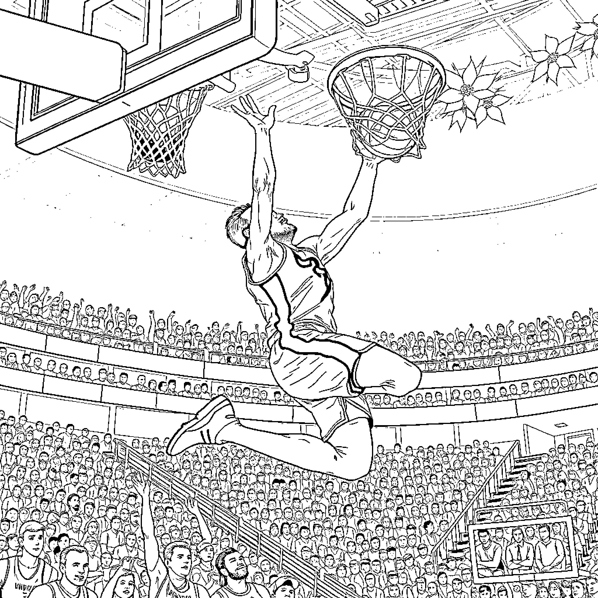 Luka Doncic dunking in a basketball arena Coloring Page (free black-and-white line drawing printable PDF for all, from beginners to advanced learners, including children, teens, adults, and seniors)