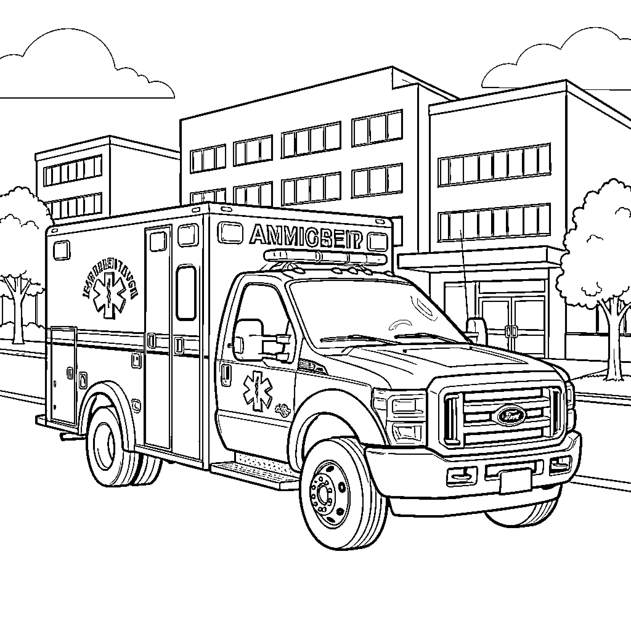 Ford F-450 ambulance parked in front of a building Coloring Page (free black-and-white line drawing printable PDF for all, from beginners to advanced learners, including children, teens, adults, and seniors)
