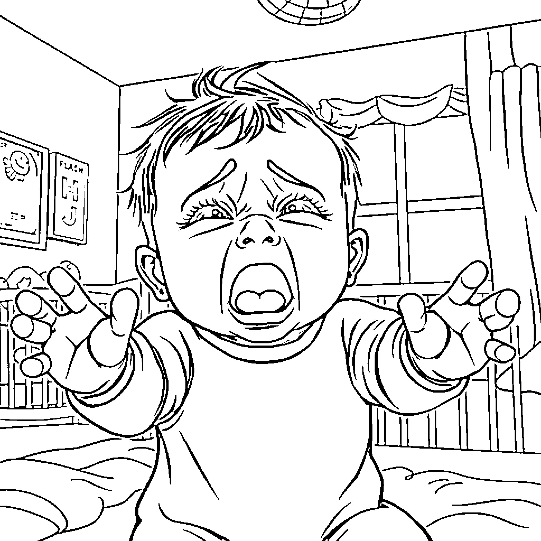 Baby throwing a tantrum in bedroom Coloring Page (free black-and-white line drawing printable PDF for all, from beginners to advanced learners, including children, teens, adults, and seniors)
