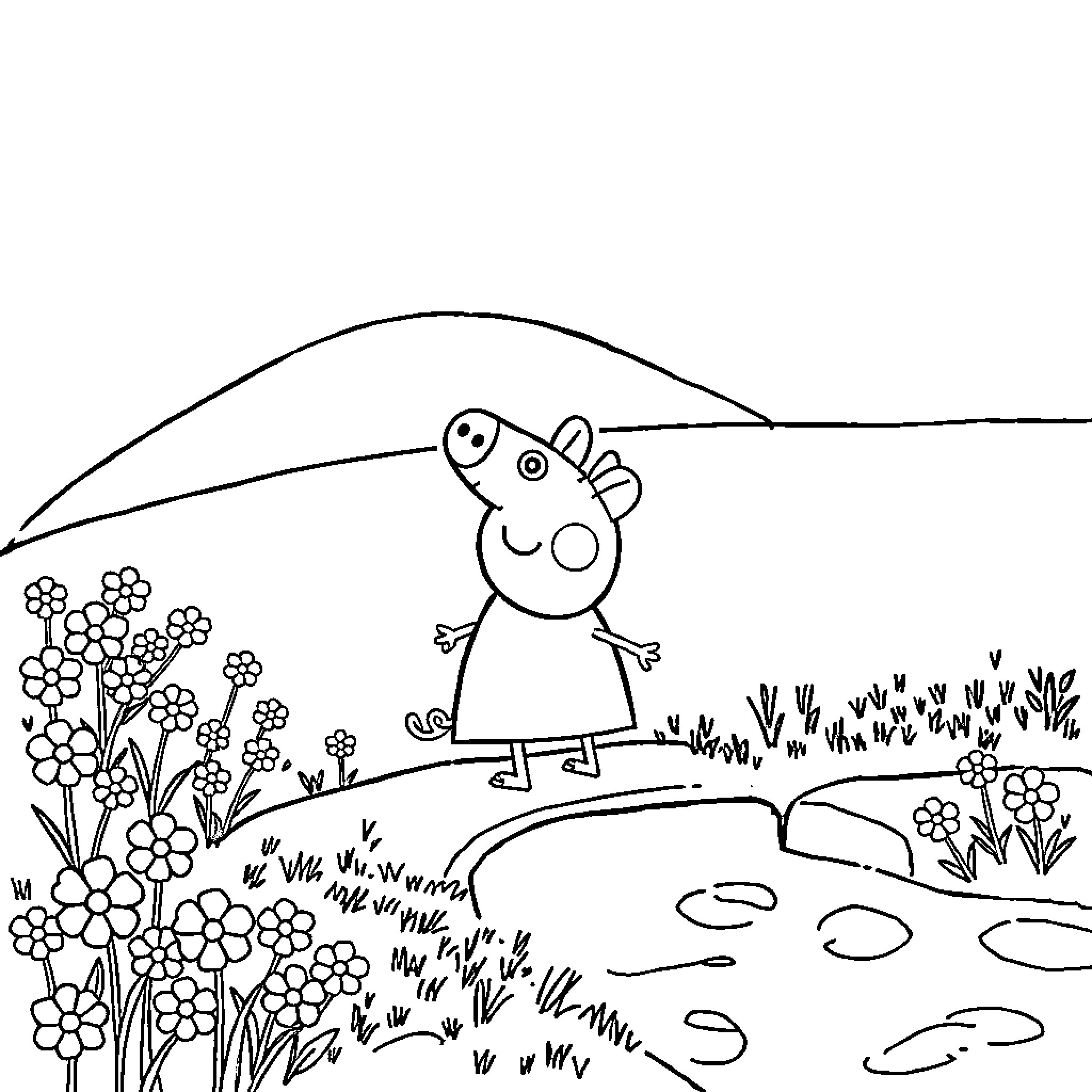 Peppa explores the enchanting floral meadow Coloring Page (free black-and-white line drawing printable PDF for all, from beginners to advanced learners, including children, teens, adults, and seniors)