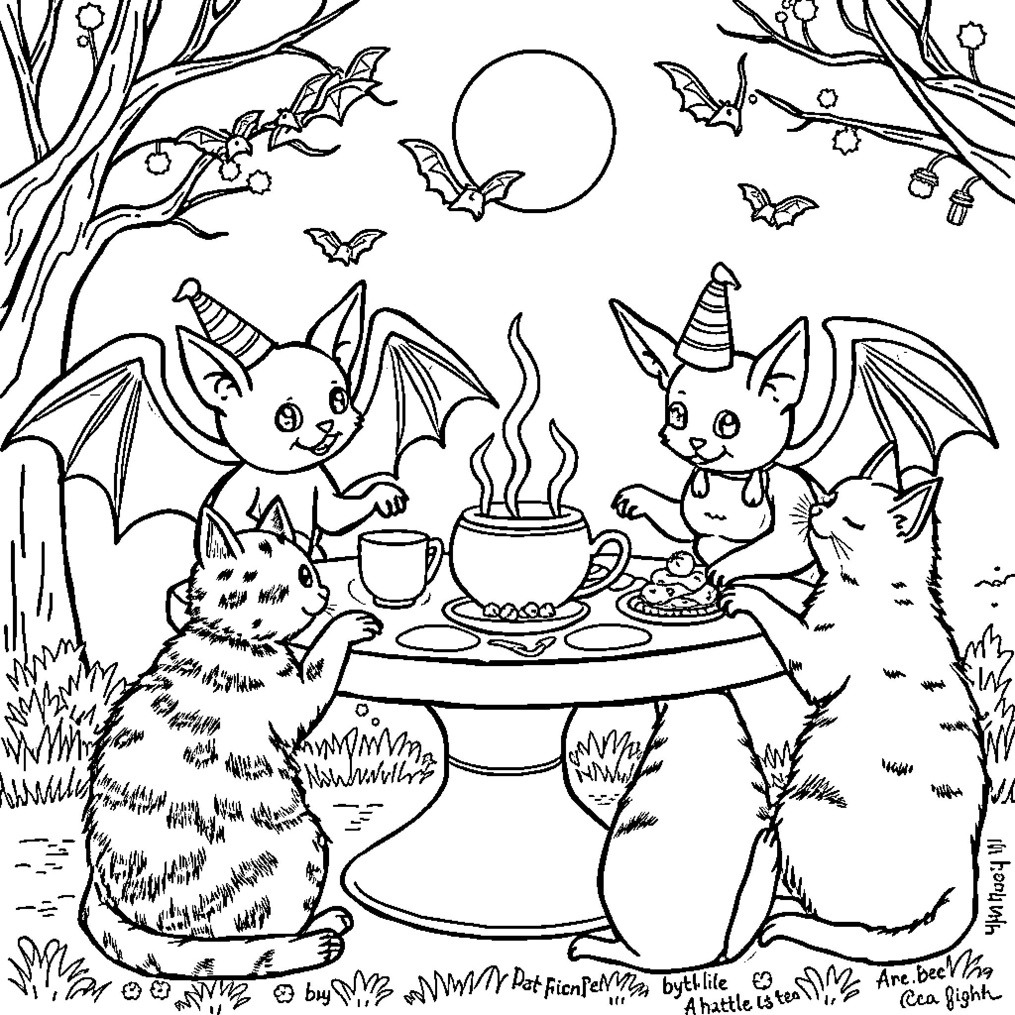 Bats enjoying a cozy tea party in the moonlit forest Coloring Page (free black-and-white line drawing printable PDF for all, from beginners to advanced learners, including children, teens, adults, and seniors)