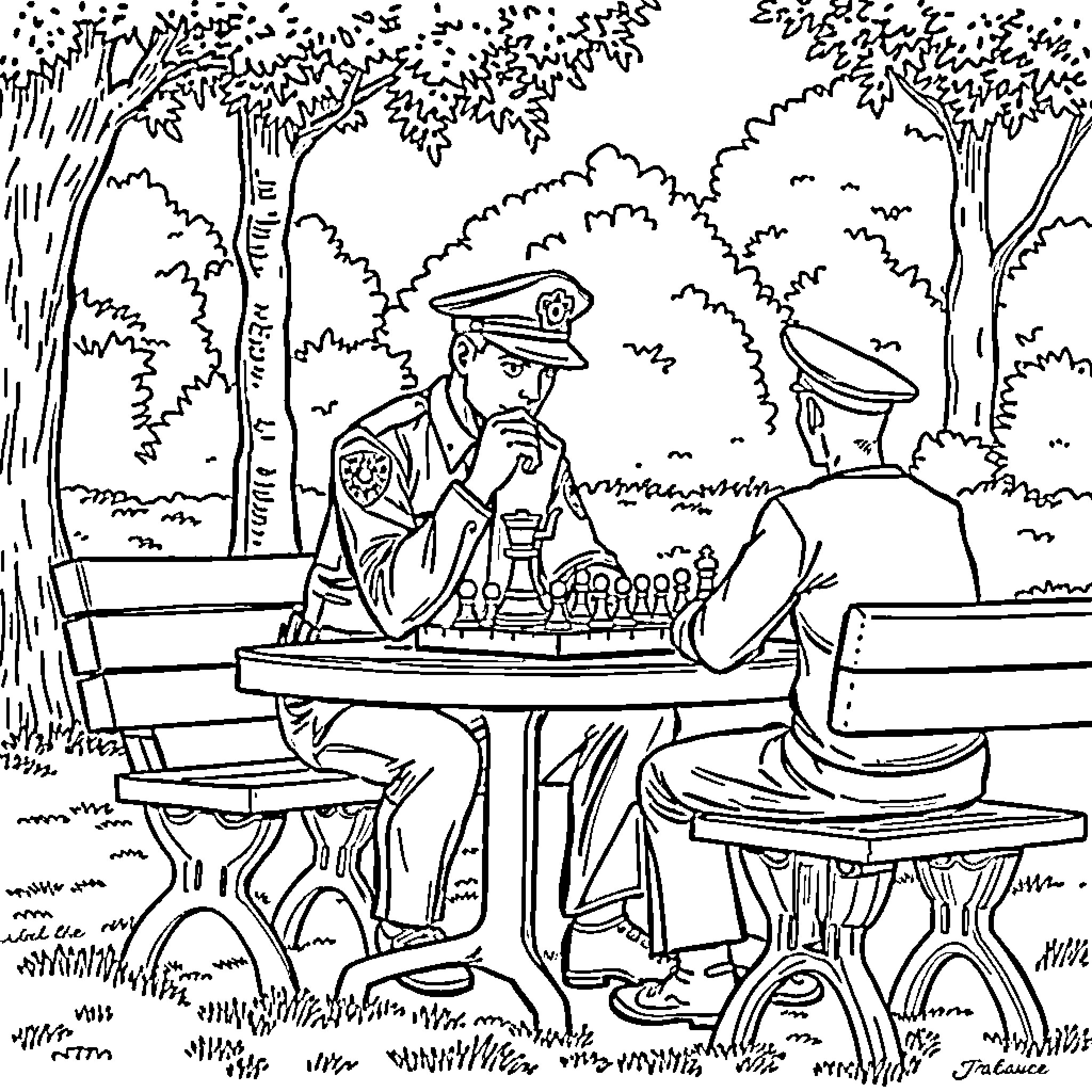 Police Officers Playing Chess in the Park Coloring Page (free black-and-white line drawing printable PDF for all, from beginners to advanced learners, including children, teens, adults, and seniors)