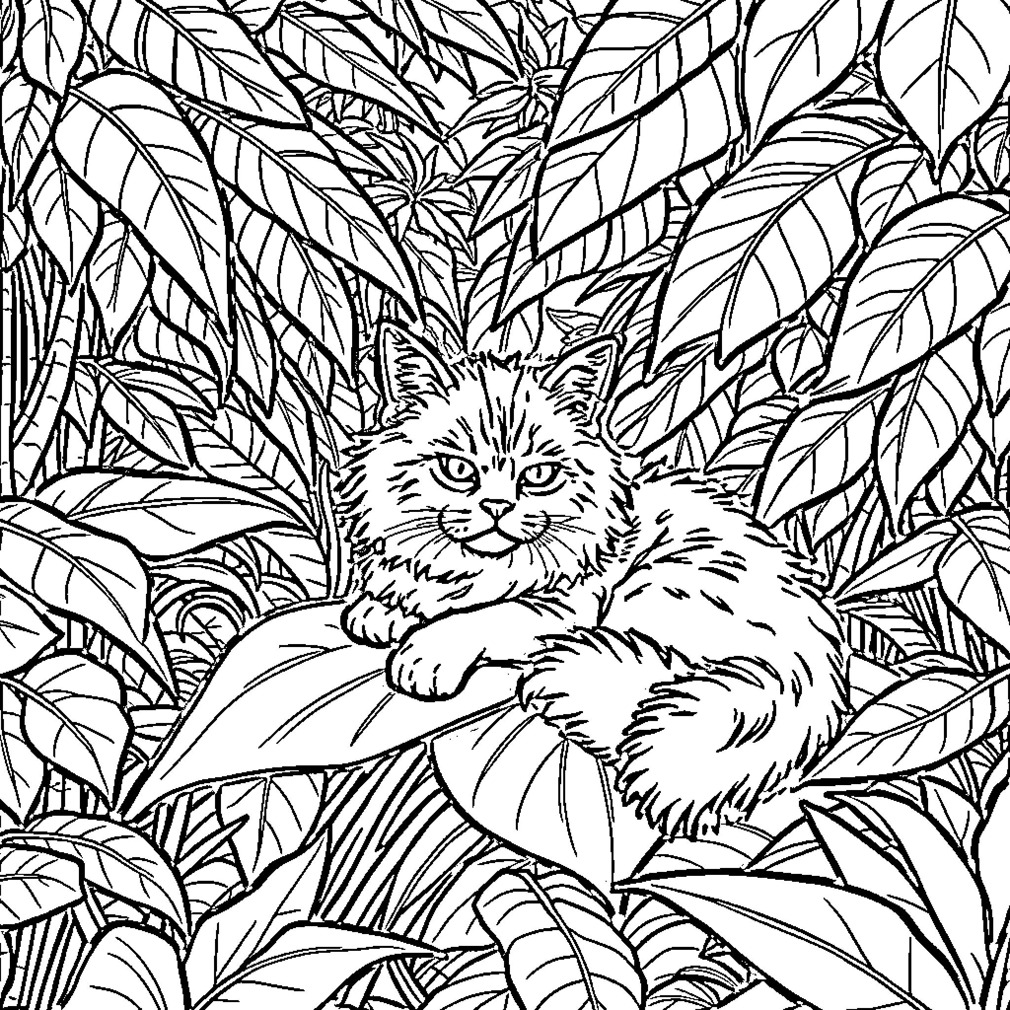 Cat hidden in the jungle foliage Coloring Page (free black-and-white line drawing printable PDF for all, from beginners to advanced learners, including children, teens, adults, and seniors)