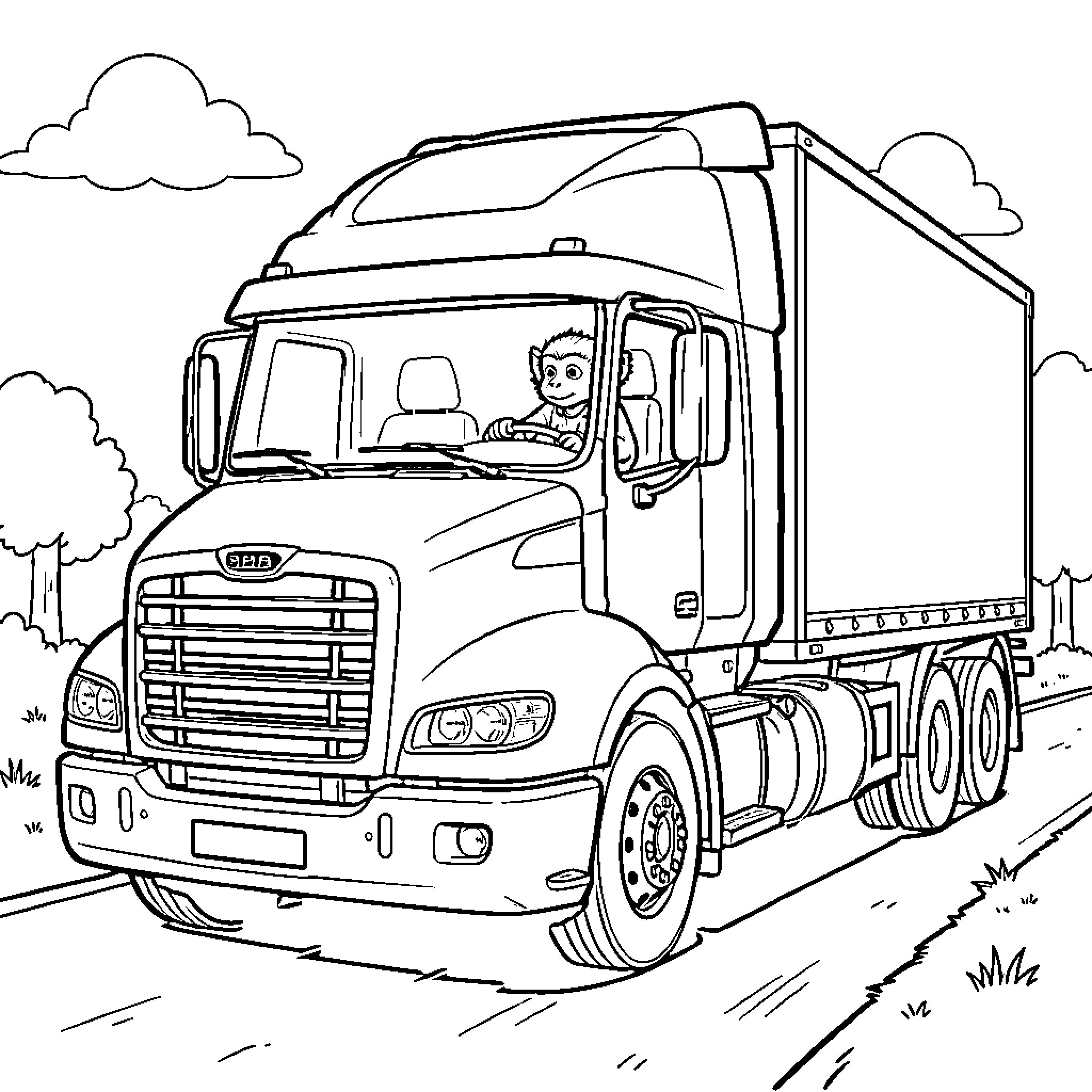 Singe driving a large cargo truck on a road Coloring Page (free black-and-white line drawing printable PDF for all, from beginners to advanced learners, including children, teens, adults, and seniors)