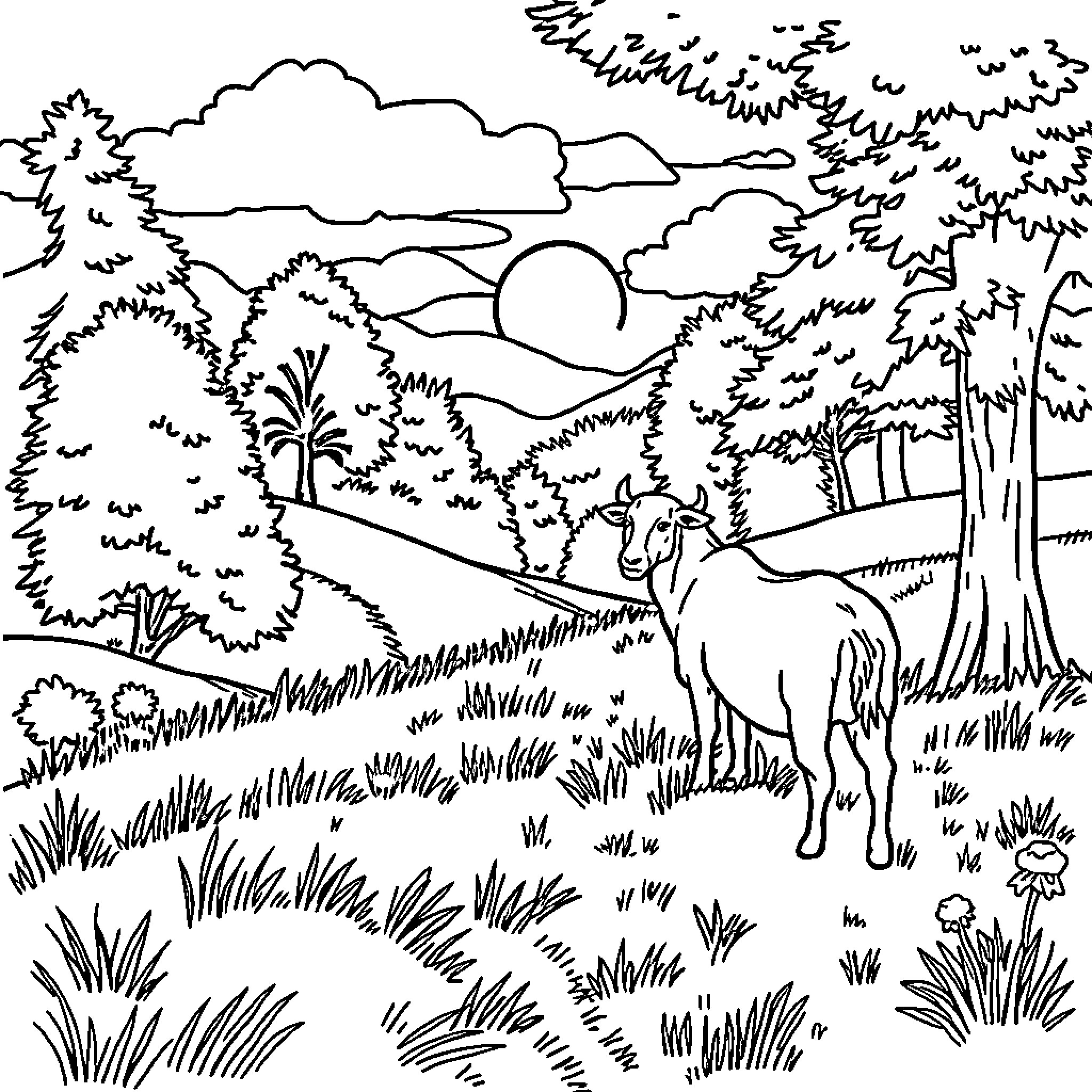 Shepherd and herd grazing in serene landscape Coloring Page (free black-and-white line drawing printable PDF for all, from beginners to advanced learners, including children, teens, adults, and seniors)
