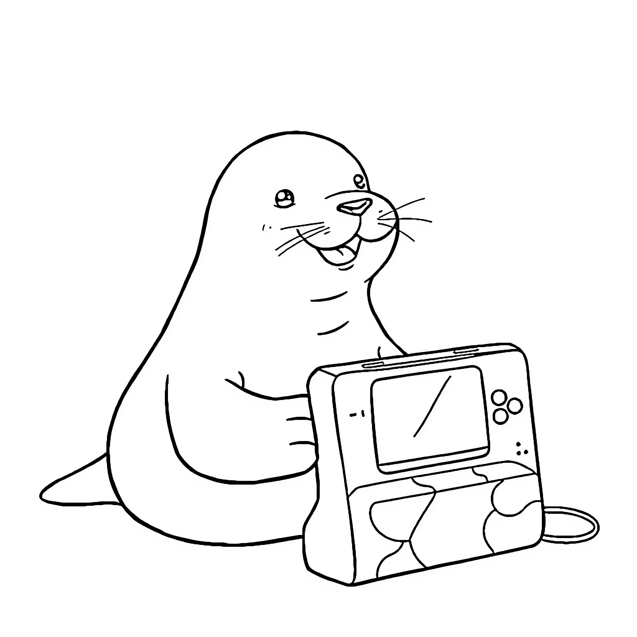Seal playing video games happily Coloring Page (free black-and-white line drawing printable PDF for all, from beginners to advanced learners, including children, teens, adults, and seniors)