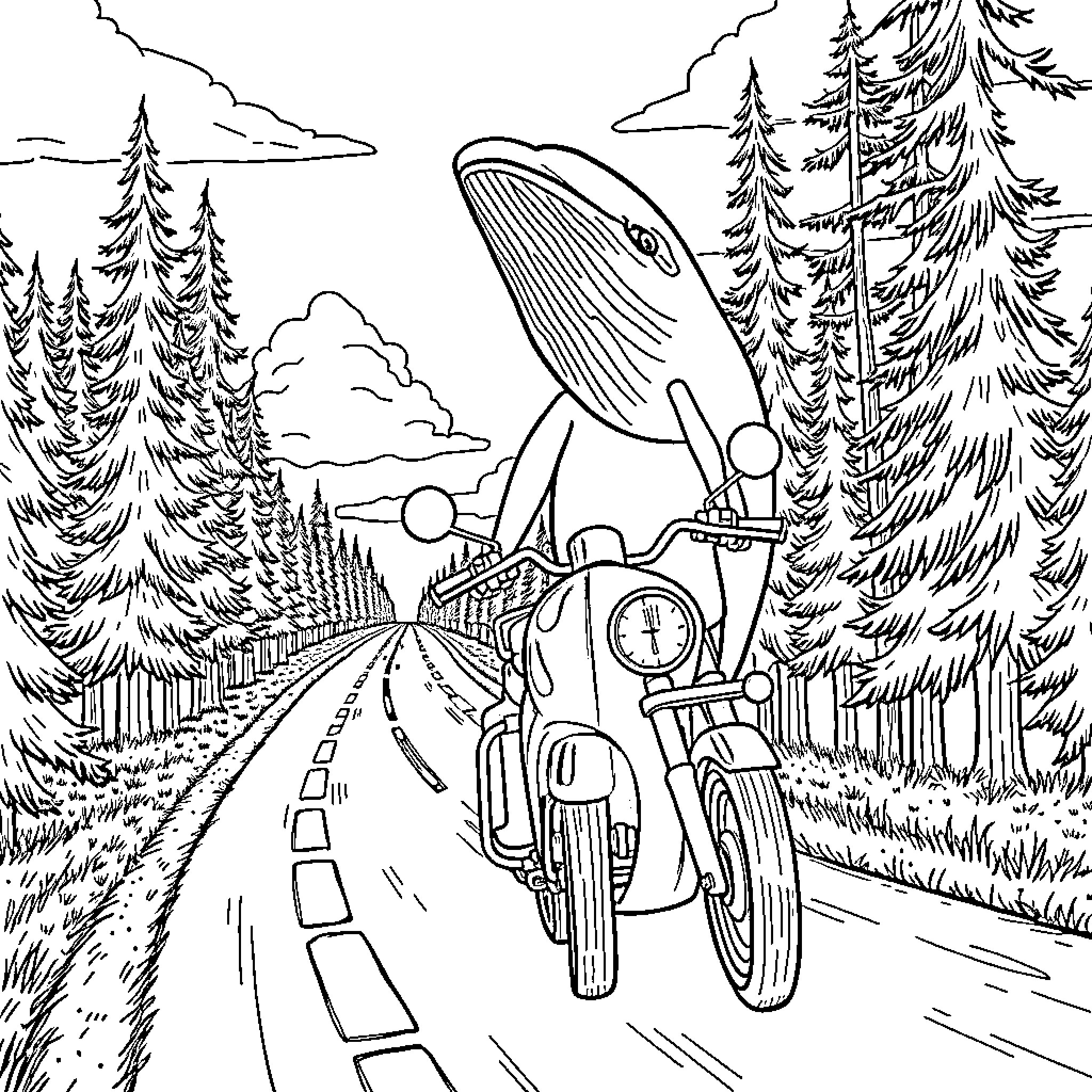 Humpback Whale riding a motorcycle in a forest Coloring Page (free black-and-white line drawing printable PDF for all, from beginners to advanced learners, including children, teens, adults, and seniors)