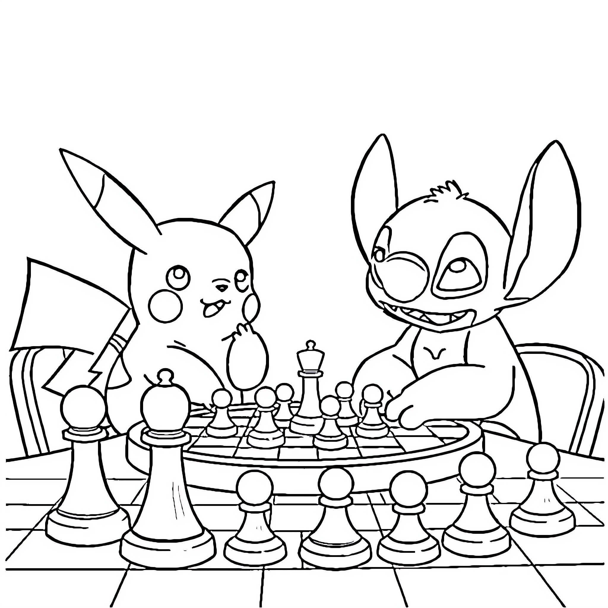 Pikachu and Stitch playing chess together Coloring Page (free black-and-white line drawing printable PDF for all, from beginners to advanced learners, including children, teens, adults, and seniors)