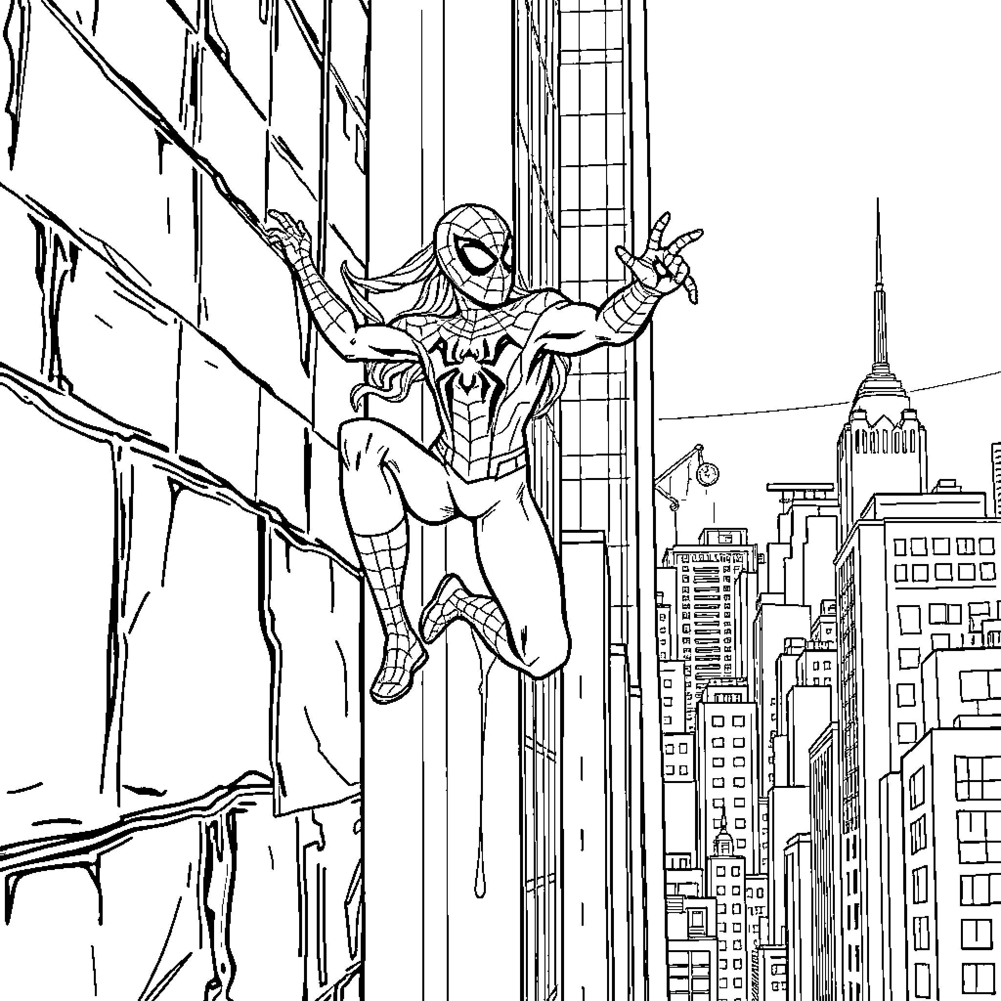 Spiderman swinging through New York City Coloring Page (free black-and-white line drawing printable PDF for all, from beginners to advanced learners, including children, teens, adults, and seniors)