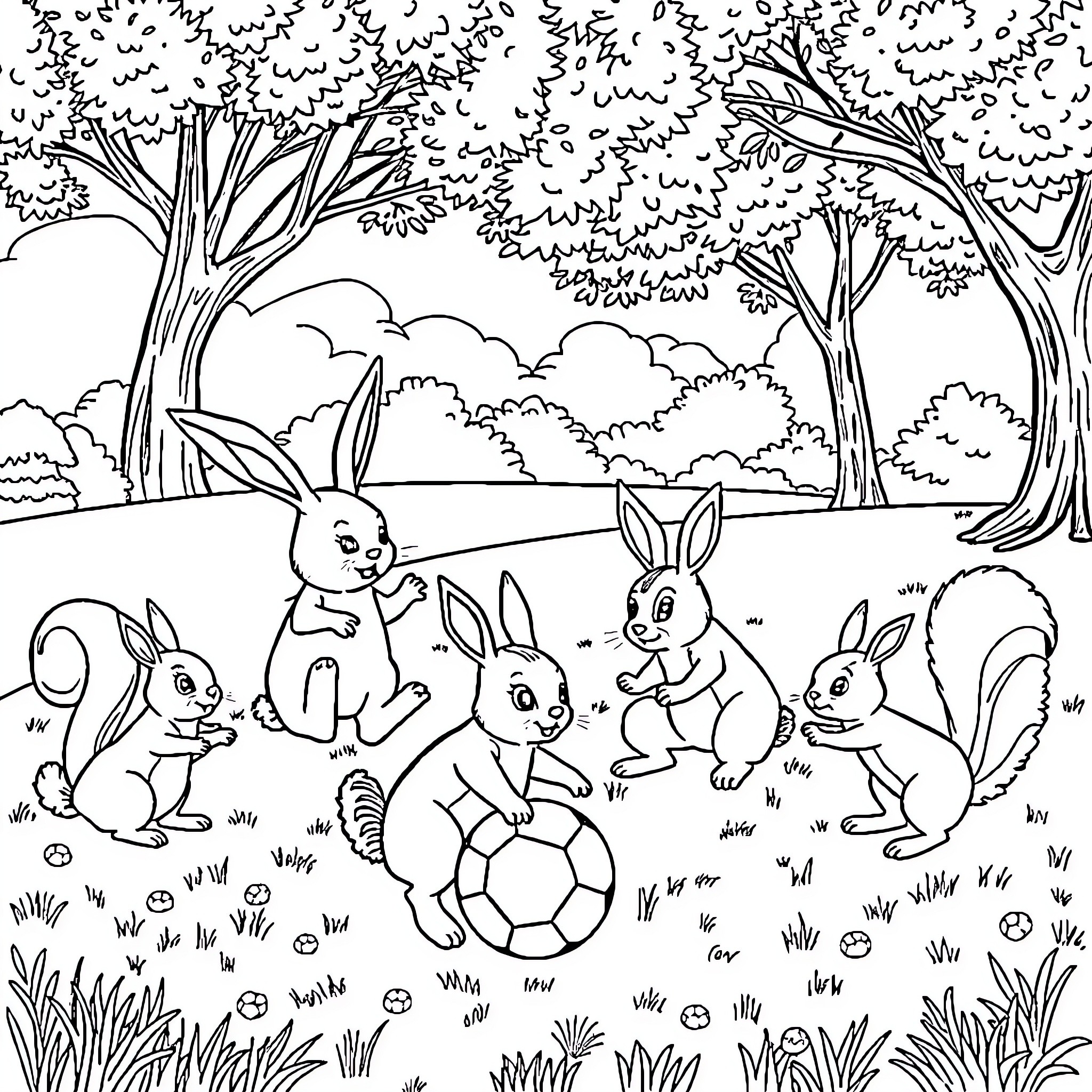 Bunny rabbits playing in the forest Coloring Page (free black-and-white line drawing printable PDF for all, from beginners to advanced learners, including children, teens, adults, and seniors)