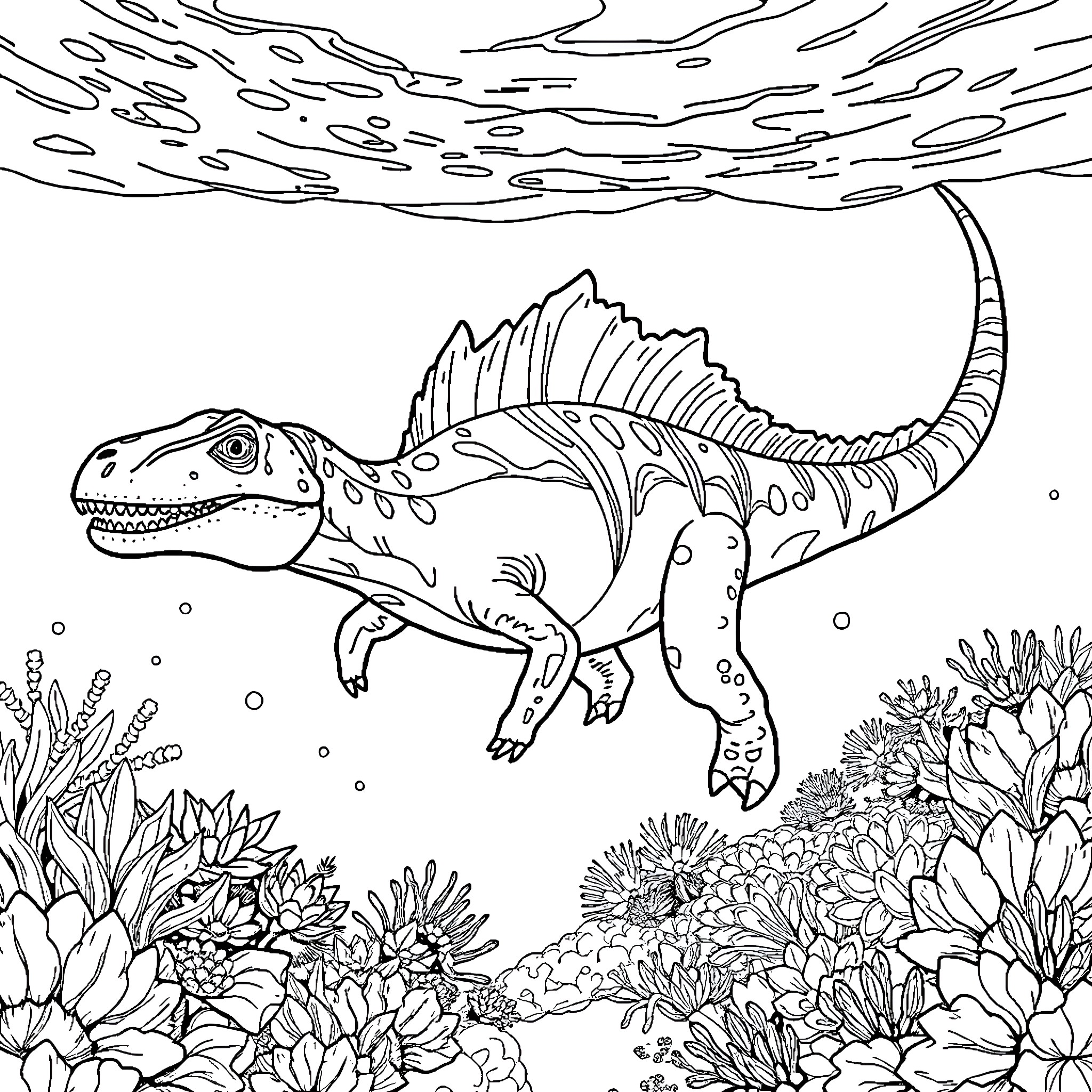Spinosaurus exploring underwater coral reef Coloring Page (free black-and-white line drawing printable PDF for all, from beginners to advanced learners, including children, teens, adults, and seniors)
