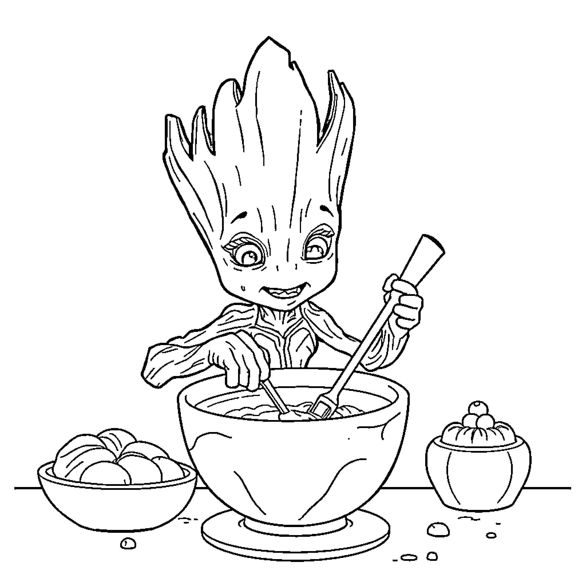 Groot Enjoying a Noodle Dish with Side Snacks Coloring Page (free black-and-white line drawing printable PDF for all, from beginners to advanced learners, including children, teens, adults, and seniors)