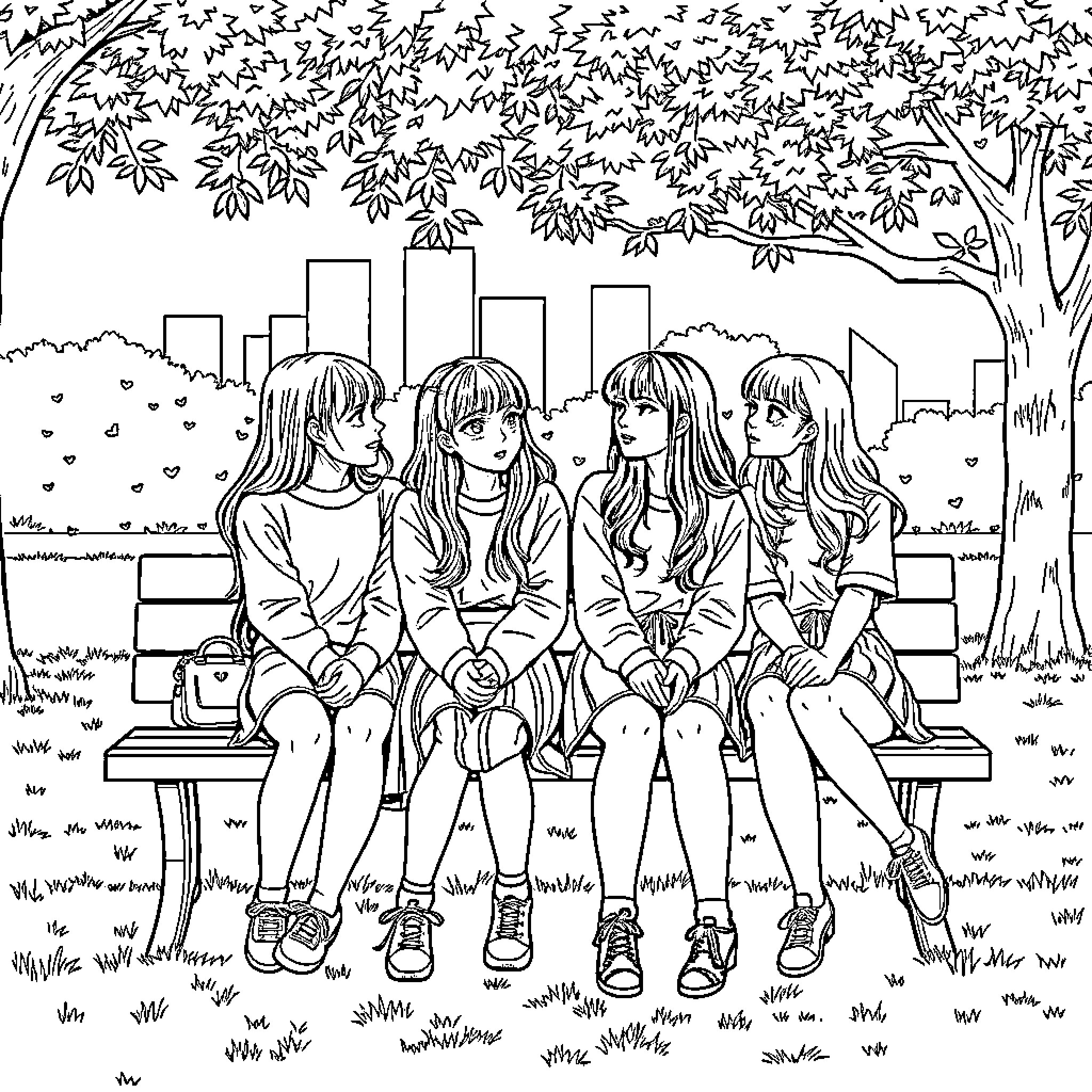 K Pop Girls Hang Out in the City Park Coloring Page (free black-and-white line drawing printable PDF for all, from beginners to advanced learners, including children, teens, adults, and seniors)