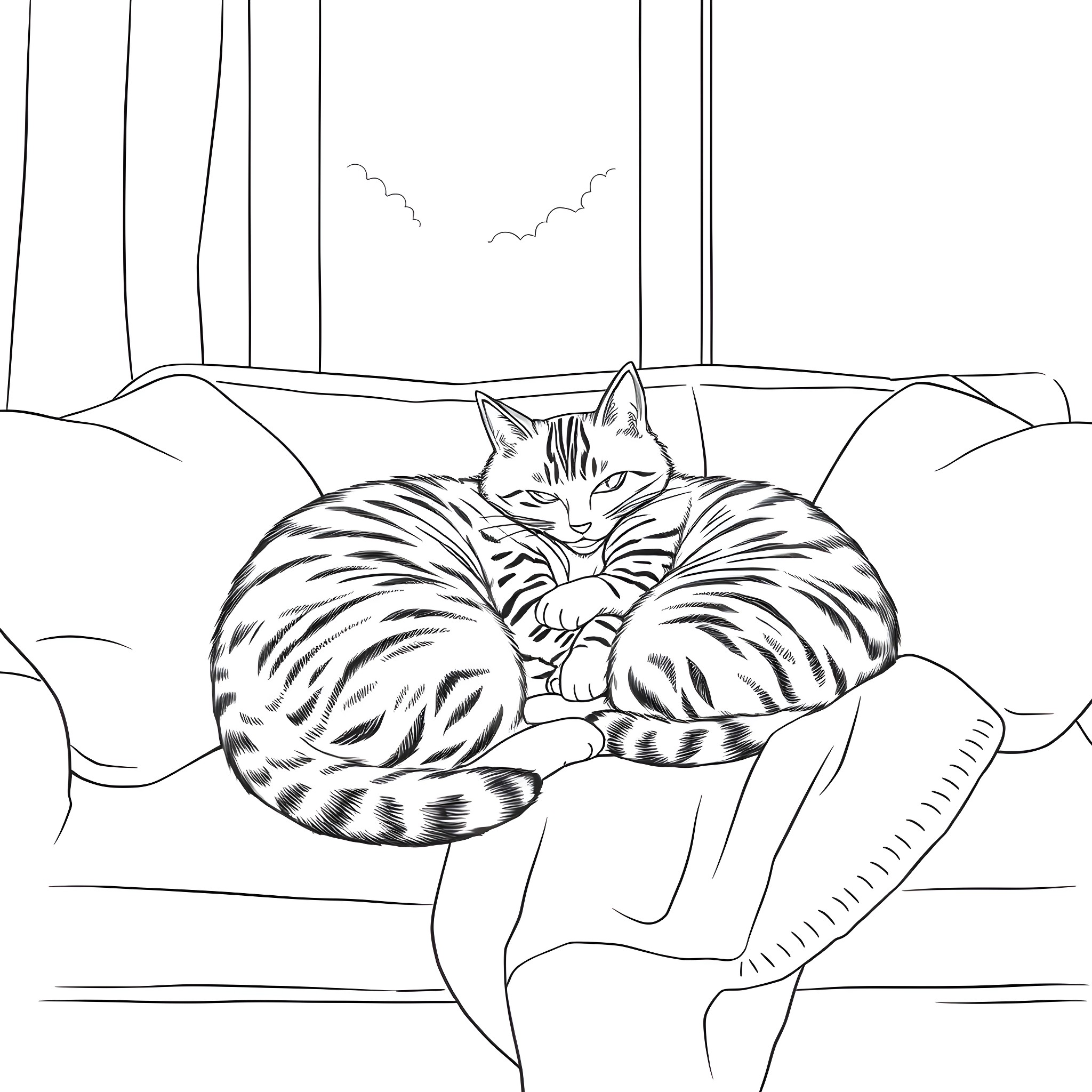 Tabby Cat Napping Peacefully on the Couch Coloring Page (free black-and-white line drawing printable PDF for all, from beginners to advanced learners, including children, teens, adults, and seniors)