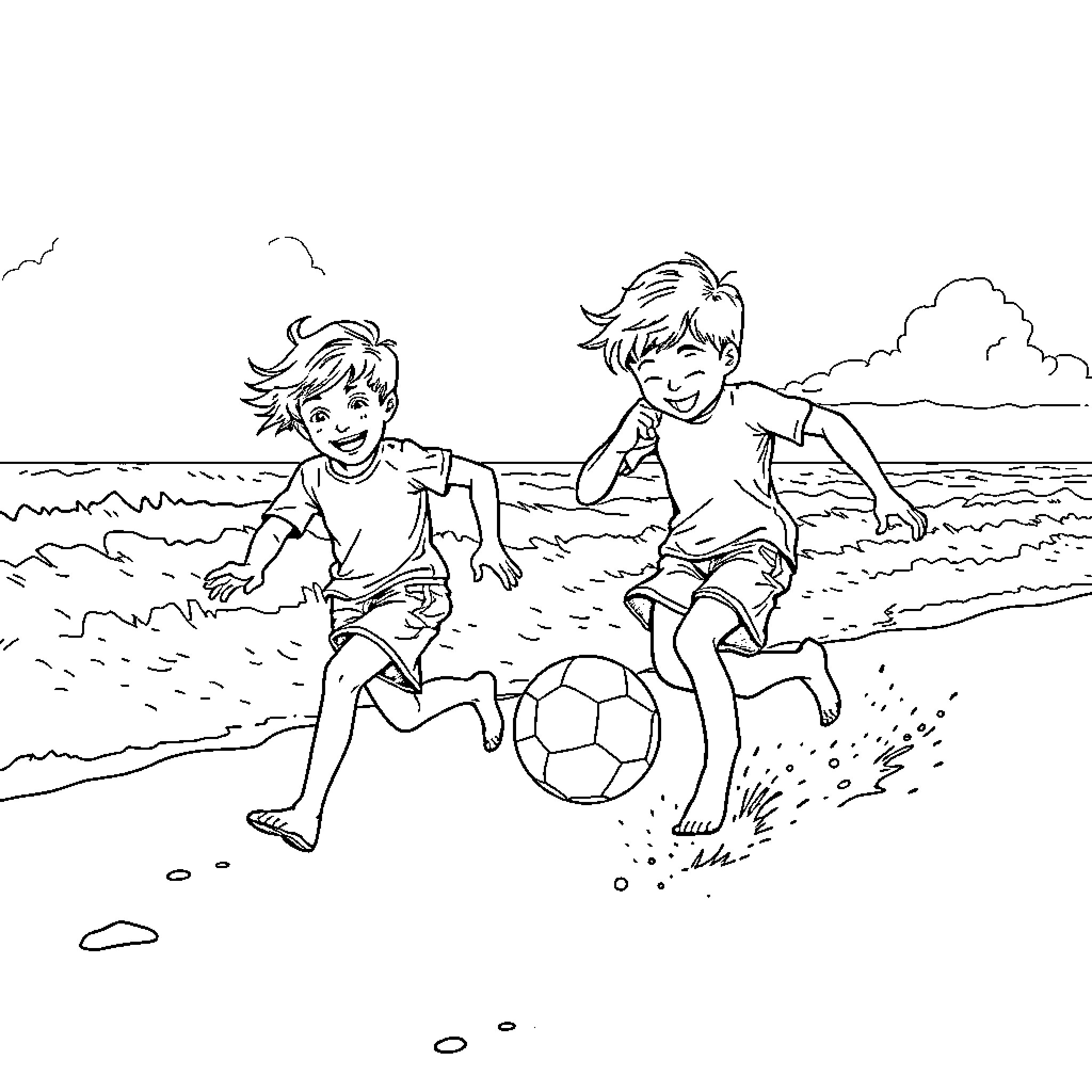 Kids playing soccer on the beach Coloring Page (free black-and-white line drawing printable PDF for all, from beginners to advanced learners, including children, teens, adults, and seniors)