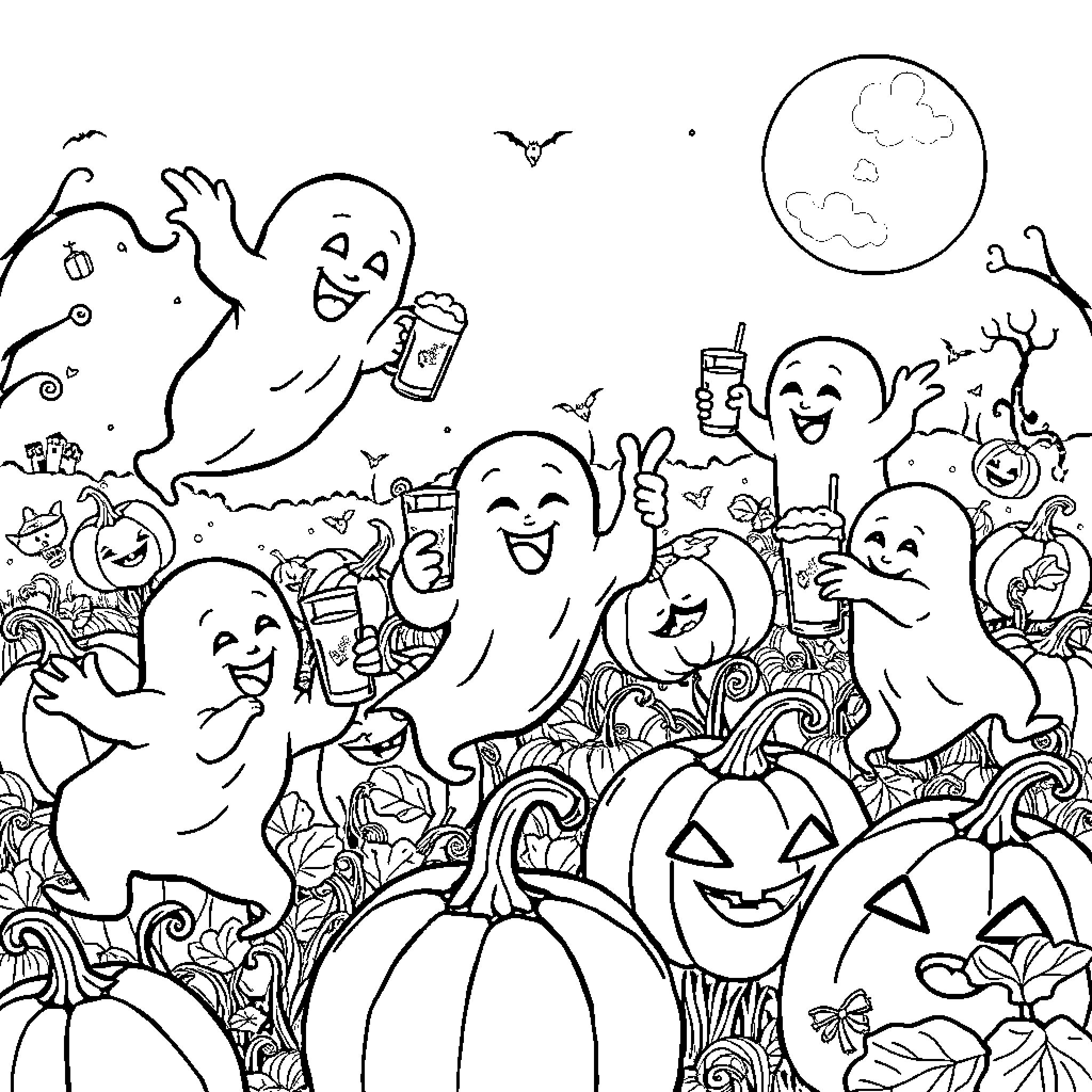 Ghost party enjoying Halloween festivities Coloring Page (free black-and-white line drawing printable PDF for all, from beginners to advanced learners, including children, teens, adults, and seniors)