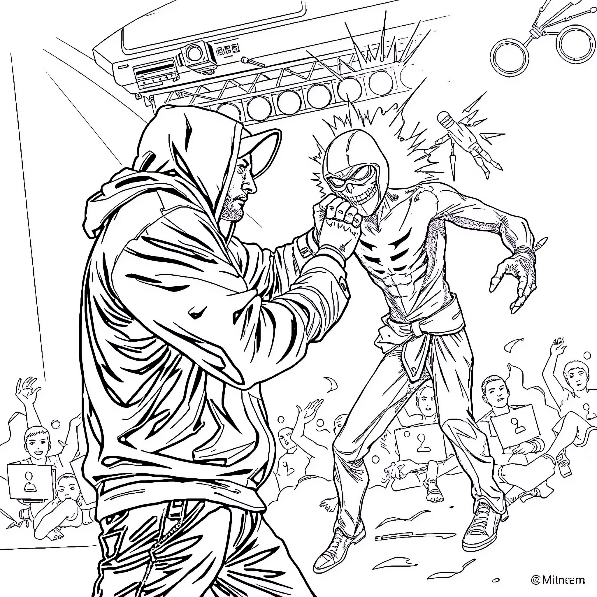 Eminem fighting an animated villain in a chaotic scene Coloring Page (free black-and-white line drawing printable PDF for all, from beginners to advanced learners, including children, teens, adults, and seniors)